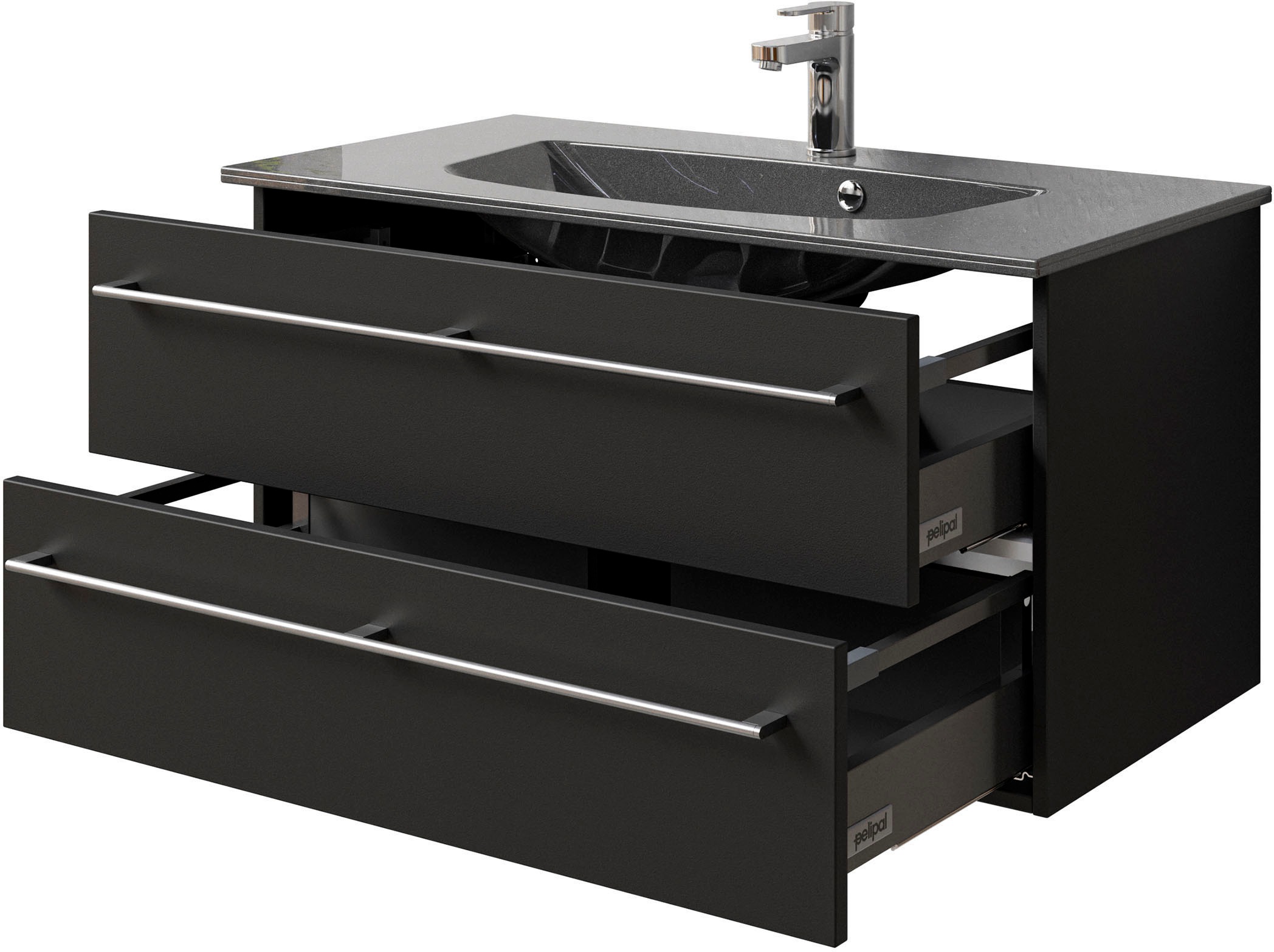 Saphir Badmöbel-Set »Serie 6025 2-teilig Mineralmarmor-Waschtisch mit LED-Spiegelschrank«, (2 St.), Waschplatz 97 cm breit, 2 Schubladen, 3 Spiegel-Türen, inkl Türdämpfer