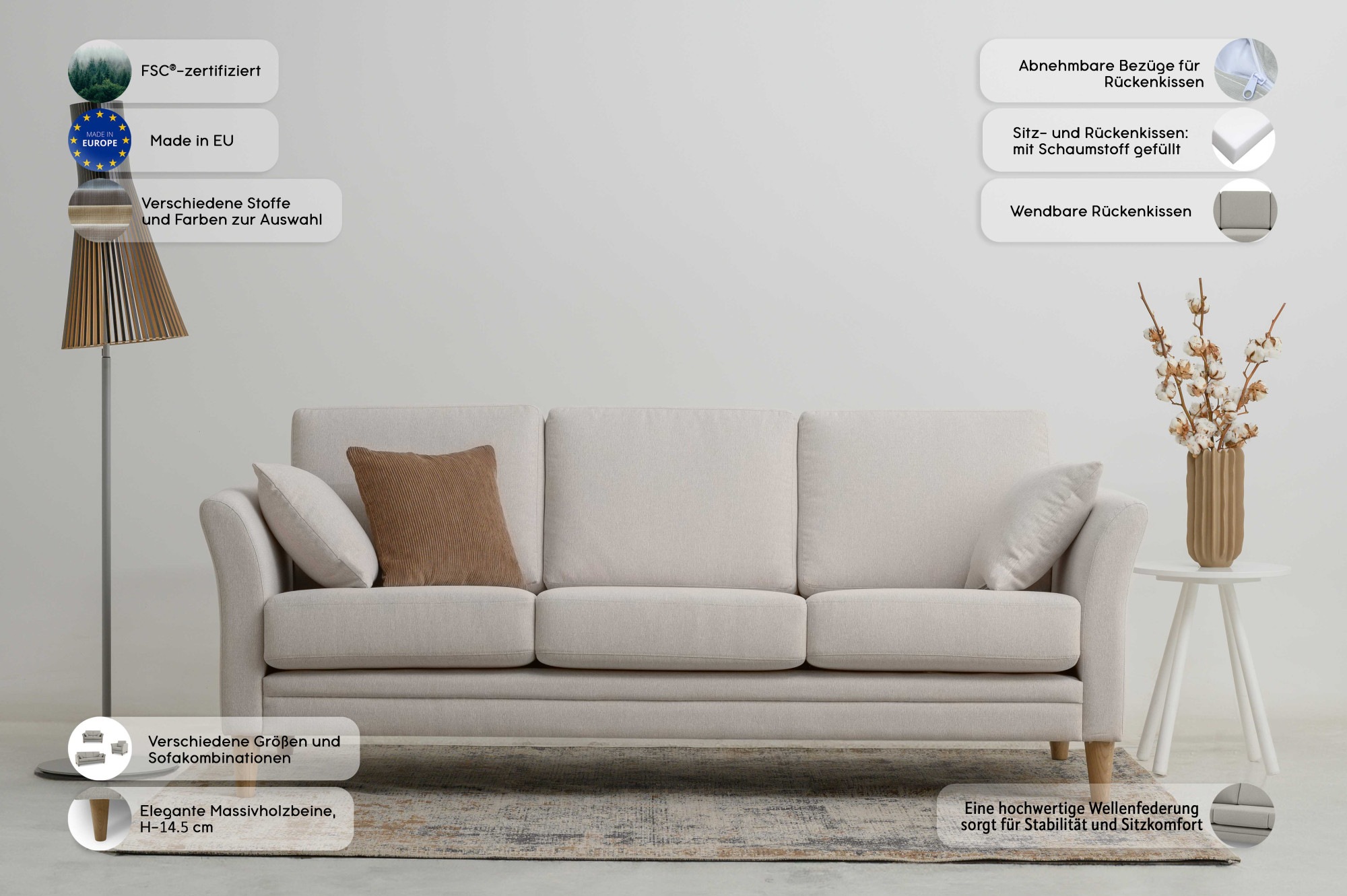 Home affaire 3-Sitzer »Arellano, Breite 217 cm«, klassisches Design, 2 Zierkissen inklusive, Webstoff fein