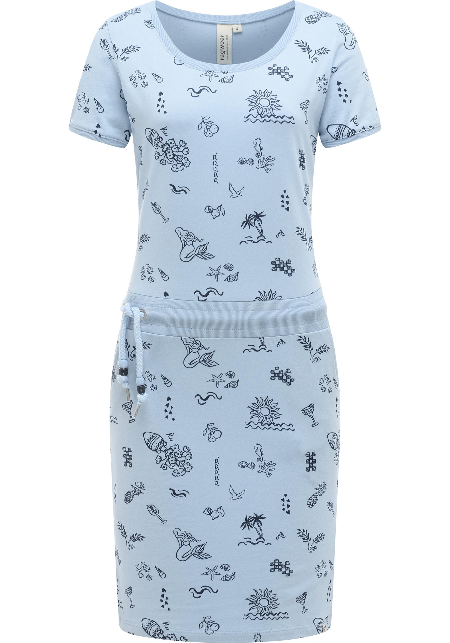 Sommerkleid RAGWEAR "Baomi Summer YOUMODO", Damen, Gr. S (36), Normalgrößen, blau, Material: 100% Baumwolle, tailliert ca. Mitte Oberschenkel, Rundhals, Ärmel ohne Ärmelschlitz Bündchen, Kleider Sommerkleid, Damen Minikleid in sommerlichem Print