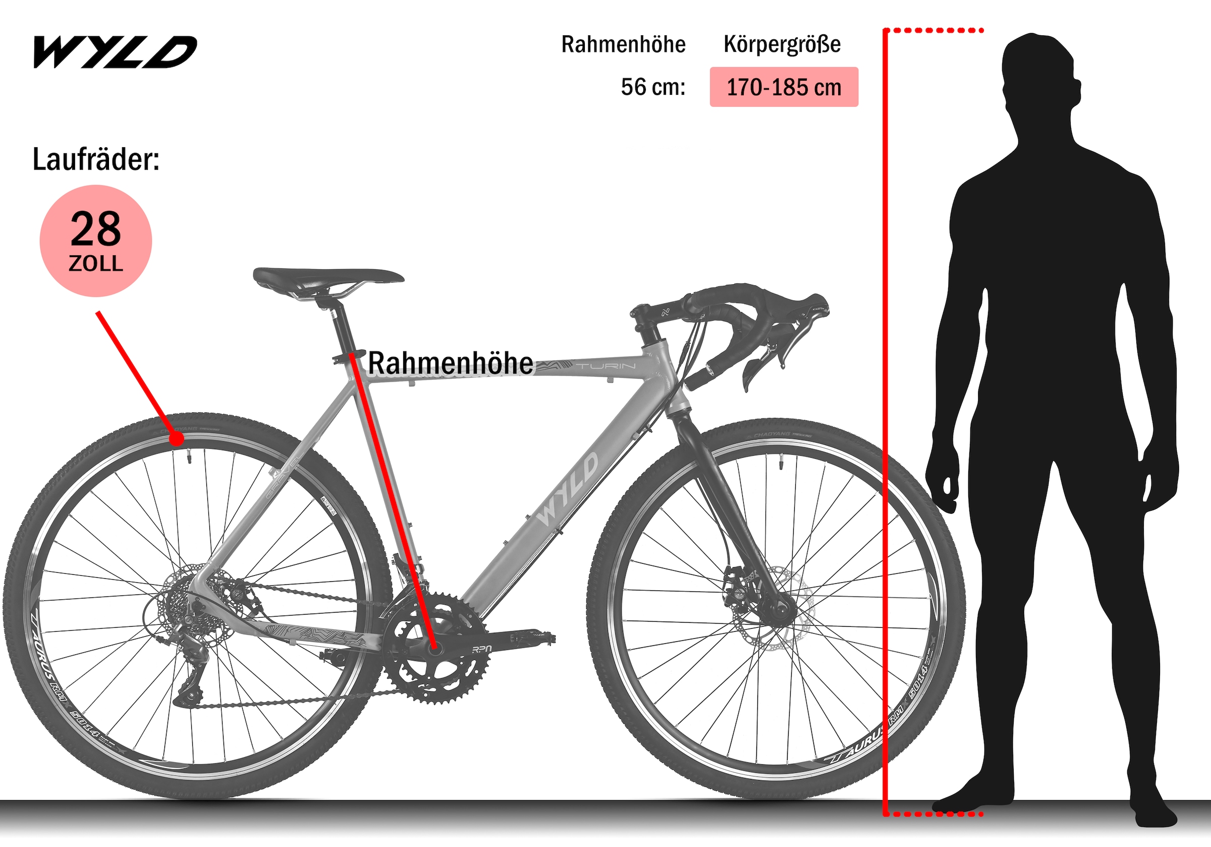 WYLD Gravelbike »WYLD Gravelbike 28'' Turin Grau 16 Gänge RH 56 cm« 16 Gang Kettenschaltung