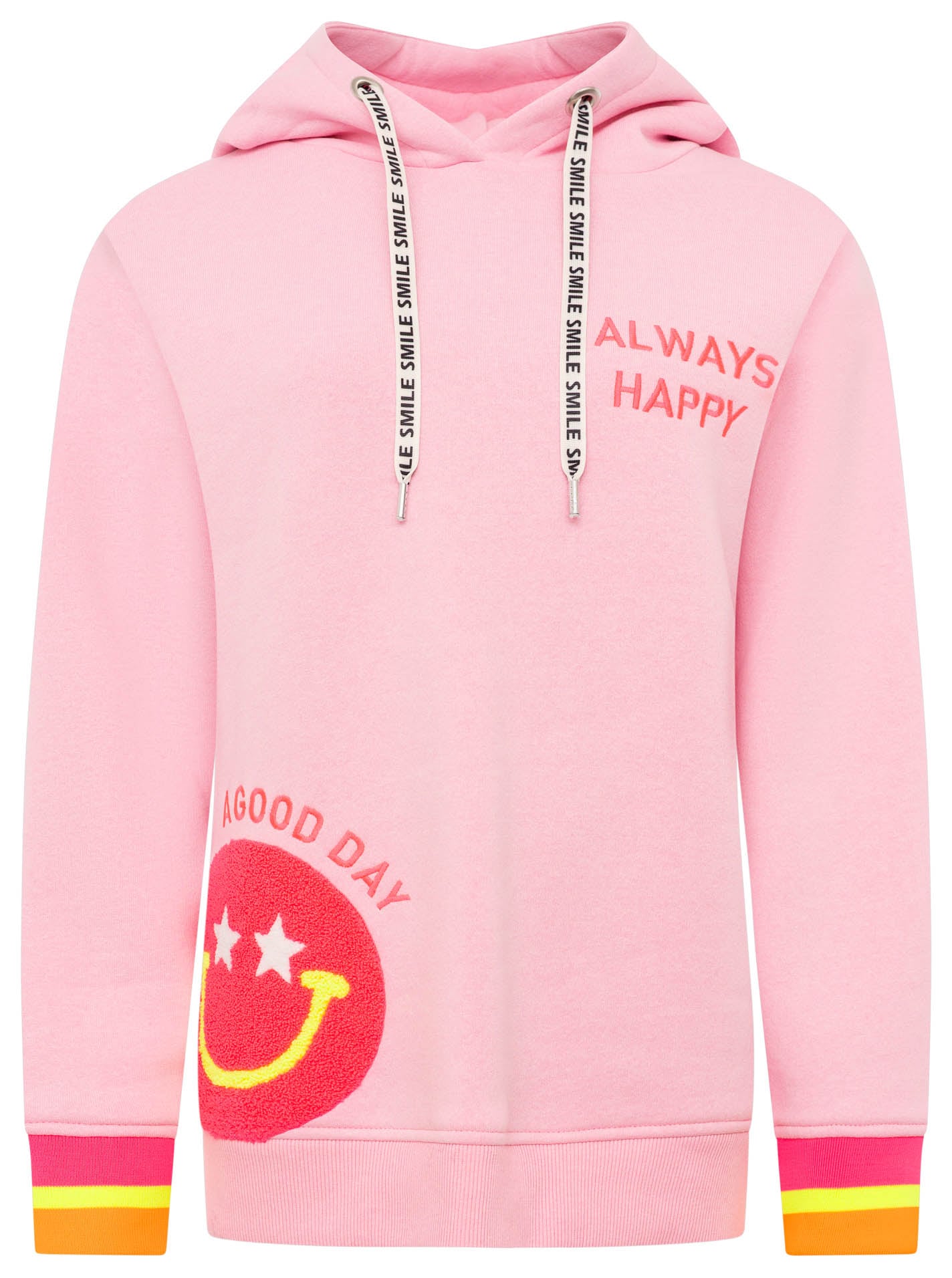 Zwillingsherz Hoodie »"Always Happy"«, Smiley aus Frottee, Neon-Details, Kapuze, Langarm
