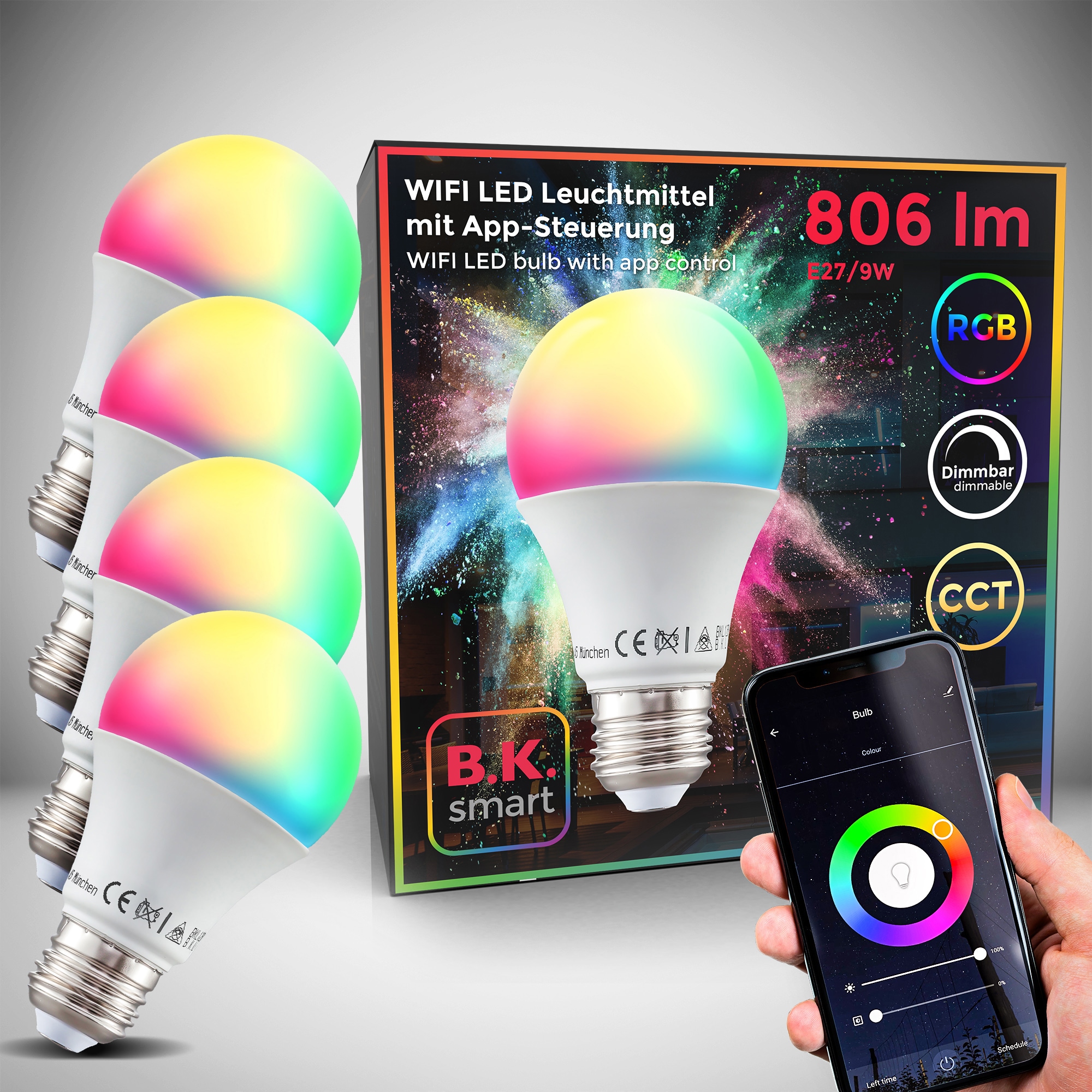 B.K.Licht LED-Leuchtmittel, E27, 4 St., Farbwechsler, Smart Home LED-Lampe, RGB, WiFi, App-Steuerung, dimmbar