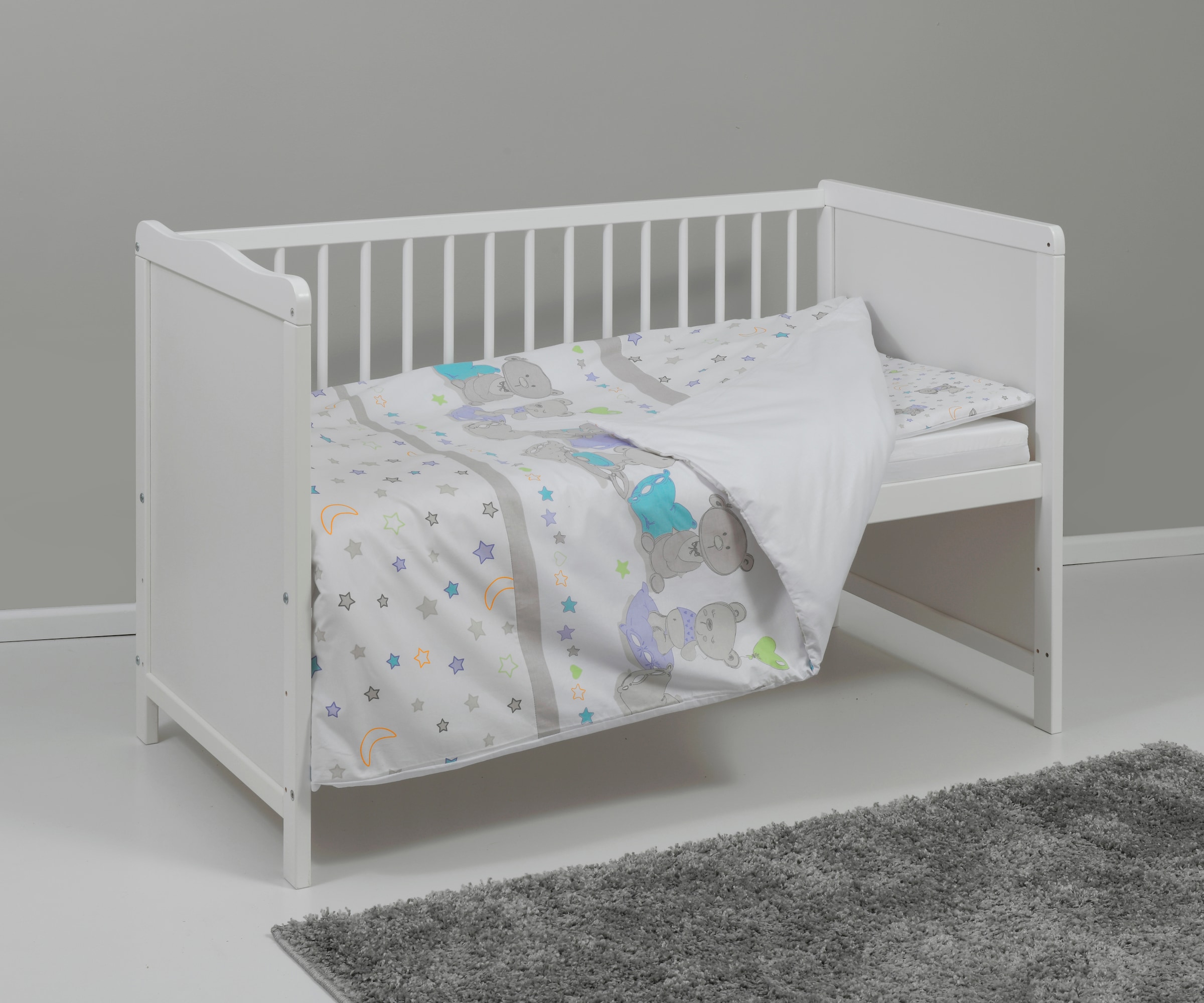 Lüttenhütt Babybett »Komplettbett, Textilset "Bärchen", in 2 Größen«, (4 tlg.), mit Bettbezug, Bettumrandung, Himmel, Matratze, Himmelstange