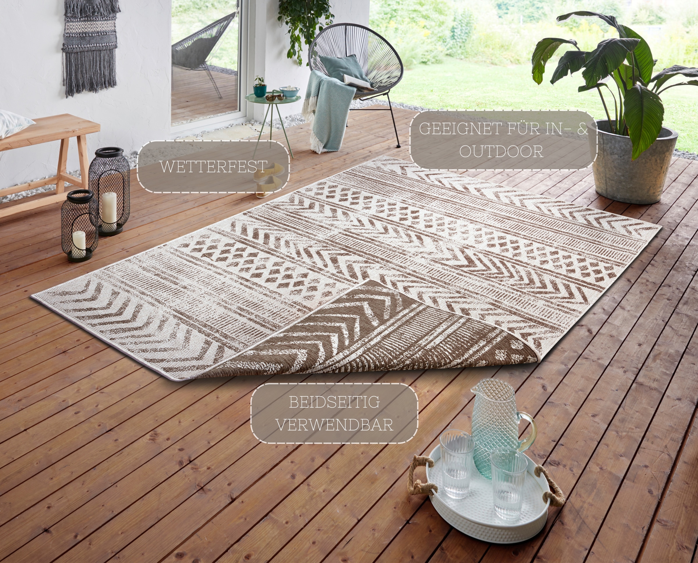 NORTHRUGS Teppich »BIRI Wendeteppich«, rechteckig, 5 mm Höhe, In-& Outdoor, Wetterfest, Balkon, Läufer, Wohnzimmer, Wasserfest, Boho