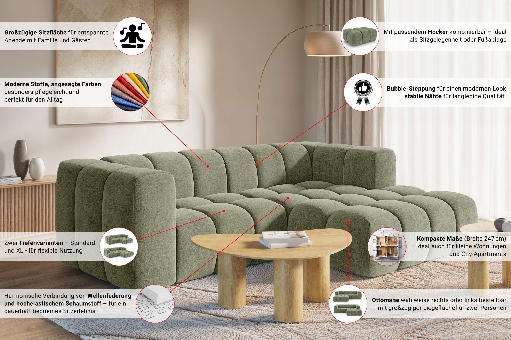 homsy by Ana Johnson Ecksofa »BOUBELLE L-Form, Design-Sofa mit Steppung, Bubble-Optik, Breite 247 cm« hoher Sitzkomfort dank Wellenunterfederung, gemütlich und modern