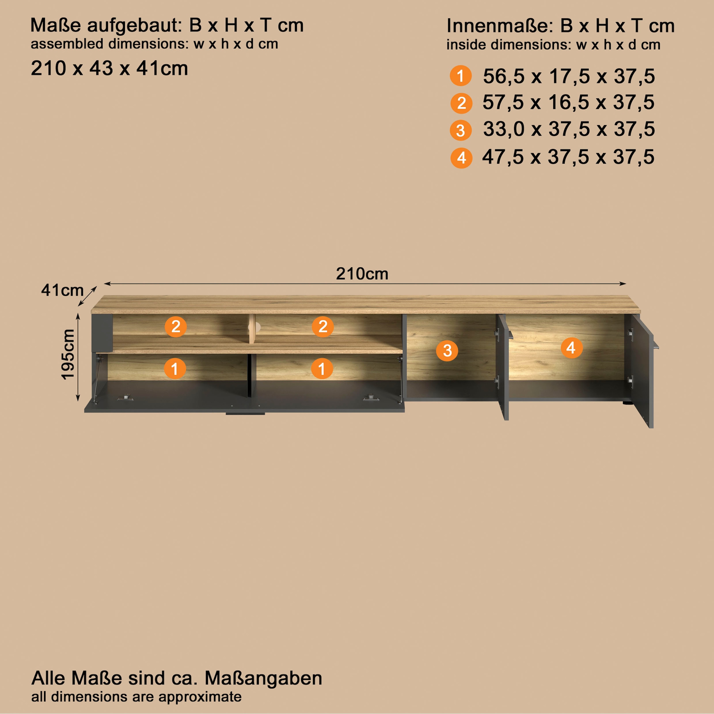 INOSIGN Lowboard »Estepona TV-Kommode« 1 Stk. tlg. TV-Board, Breite 210 cm, Elegant und modern