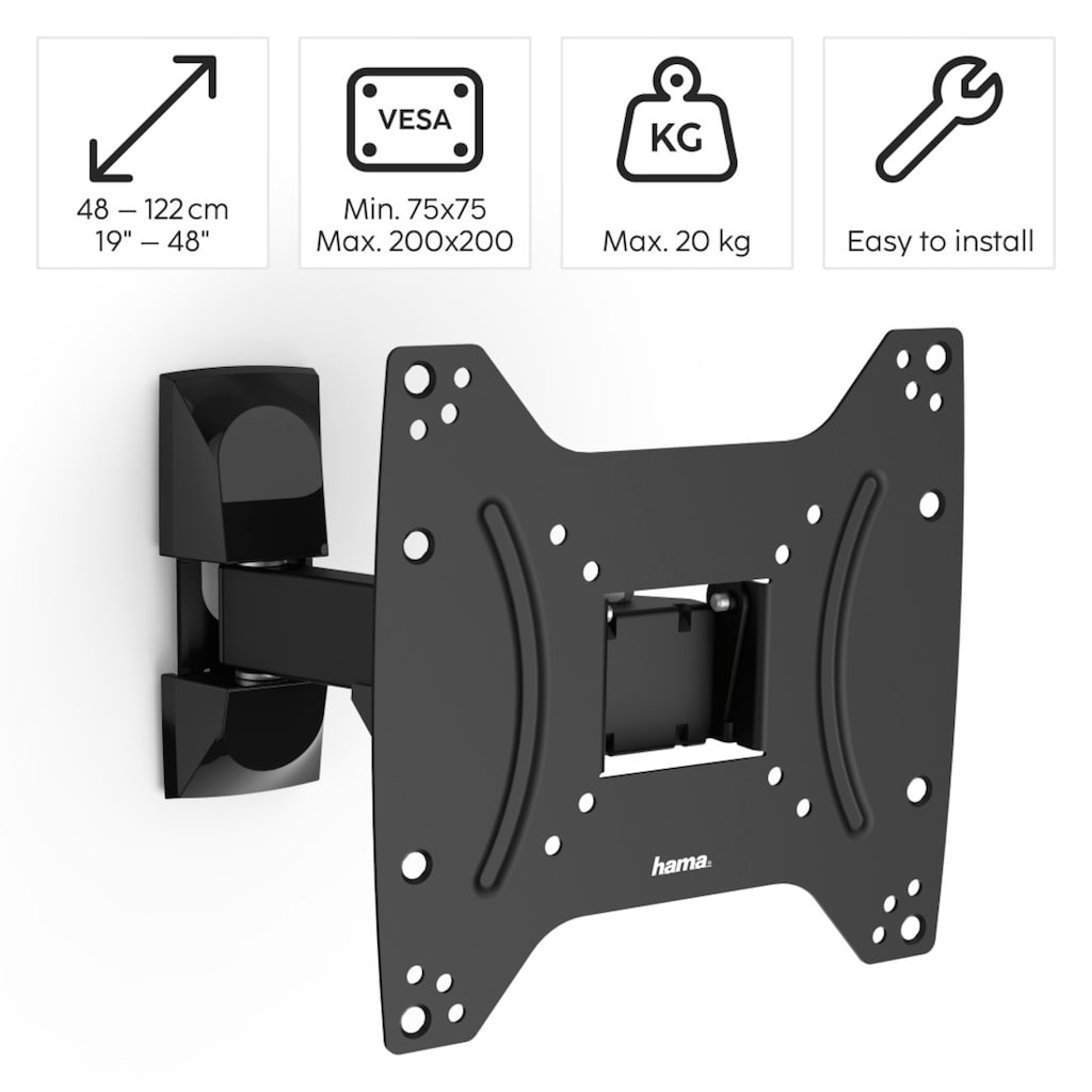 Hama TV-Wandhalterung »Wandhalterung schwarz, schwenkbar, 48 - 122 cm (19" -48"), 32", 43"«, bis 122 cm Zoll, bis 122 cm (48 Zoll) 200x200, ausziehbar, Kabelmanager