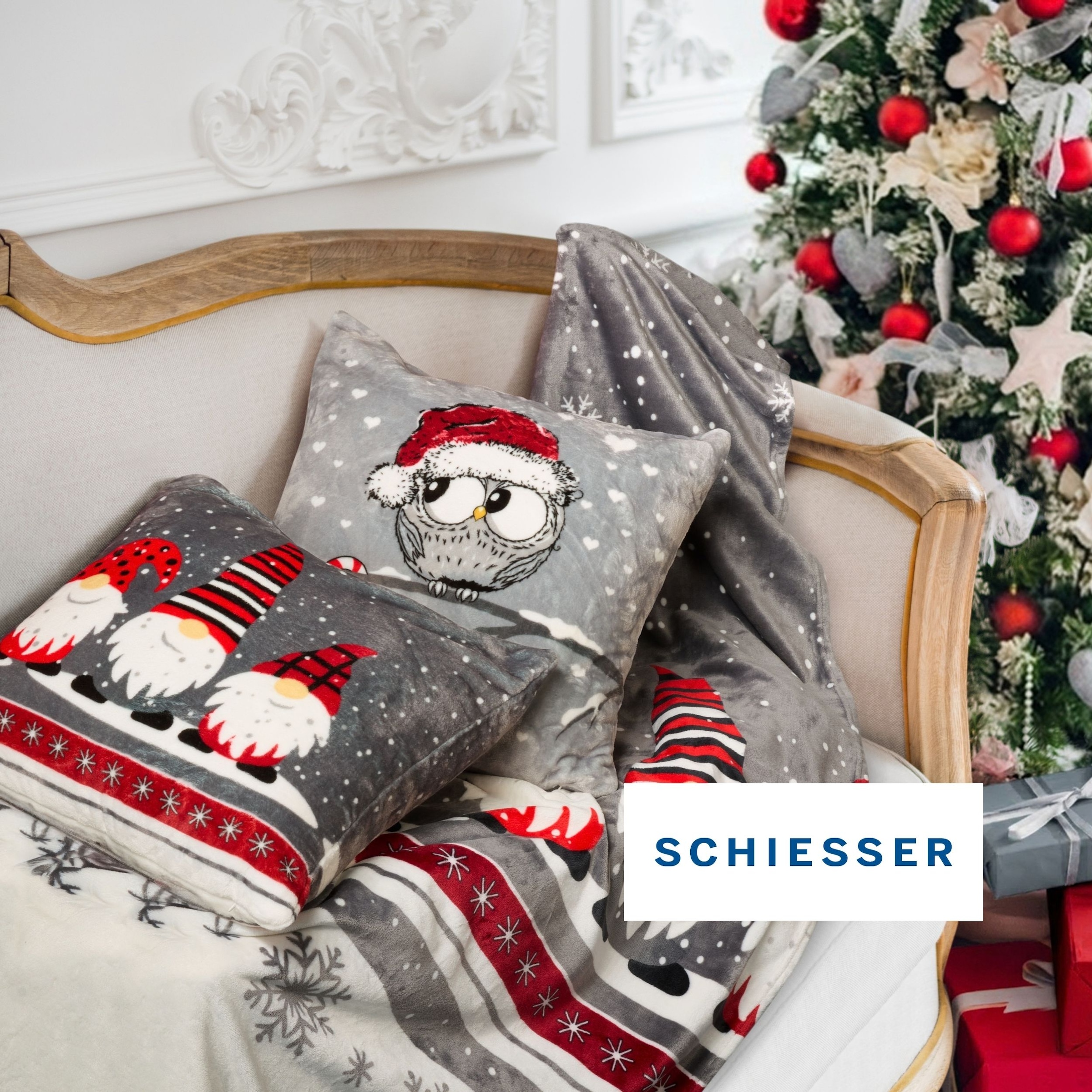 Schiesser Wohndecke »Wohndecke Thea, weiche Kuscheldecke mit weihnachtlichem Eulenmotiv« OEKO-TEX STANDARD 100