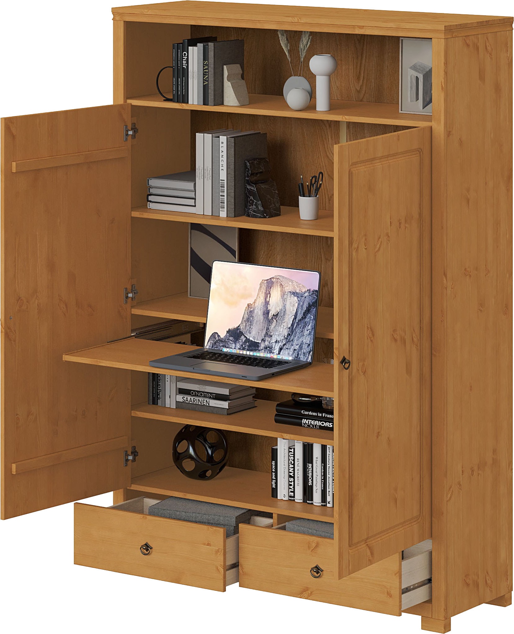 OTTO home Wäscheschrank »Clarius, Neuheit! Smarter ALLESKÖNNER, Mehrzweckschrank, Büroschrank«, (H/B/T ca. 180/125/40cm), mit Ausziehregal, Schublade, stabil + langlebig, Massivholz made in EU