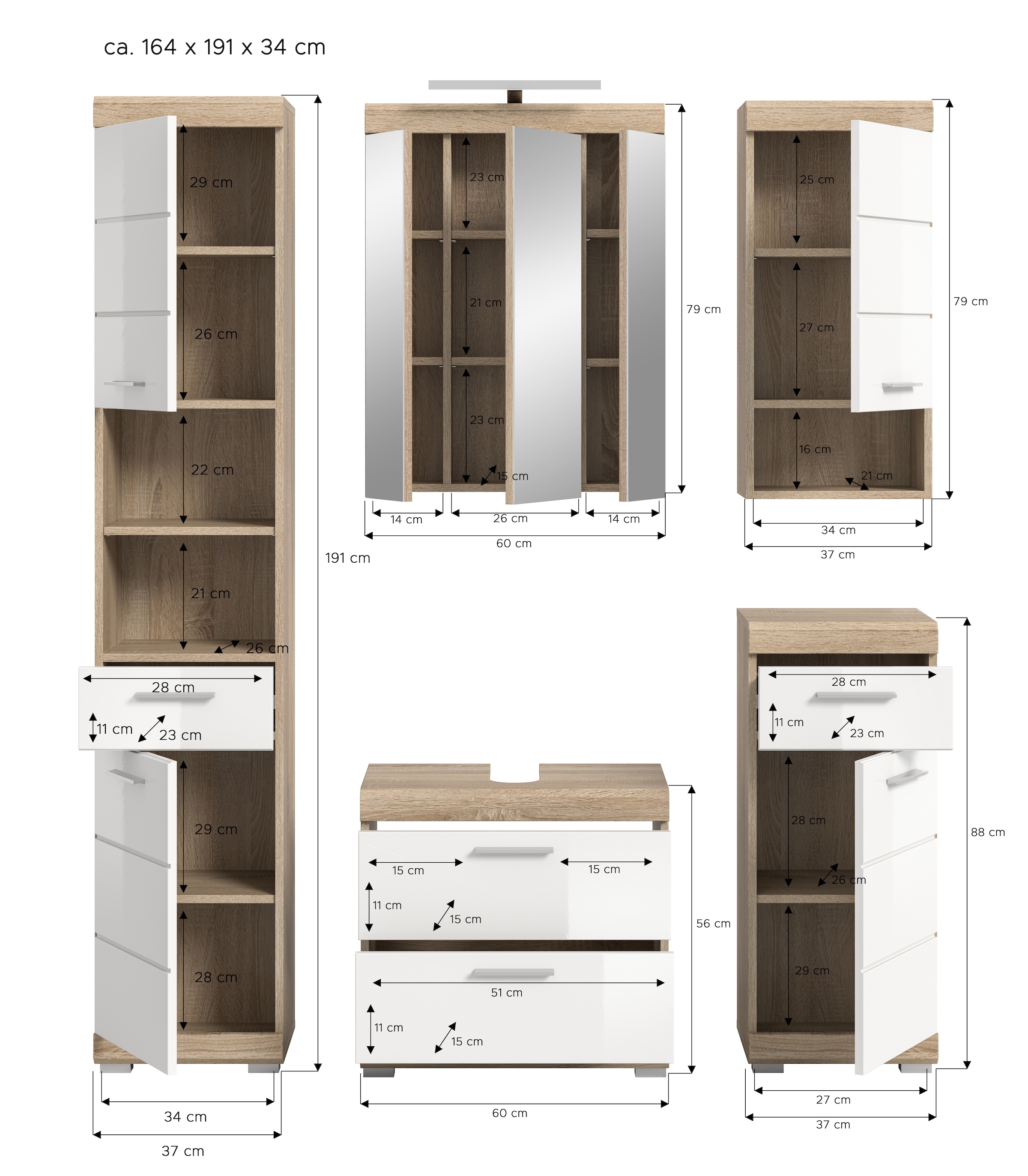 INOSIGN Badmöbel-Set »Siena, 5 teilig, inklusive LED Beleuchtung, bestehend aus:«, (Set), Hochschrank, WBU, Spiegelschrank, Unterschrank, Hängeschrank
