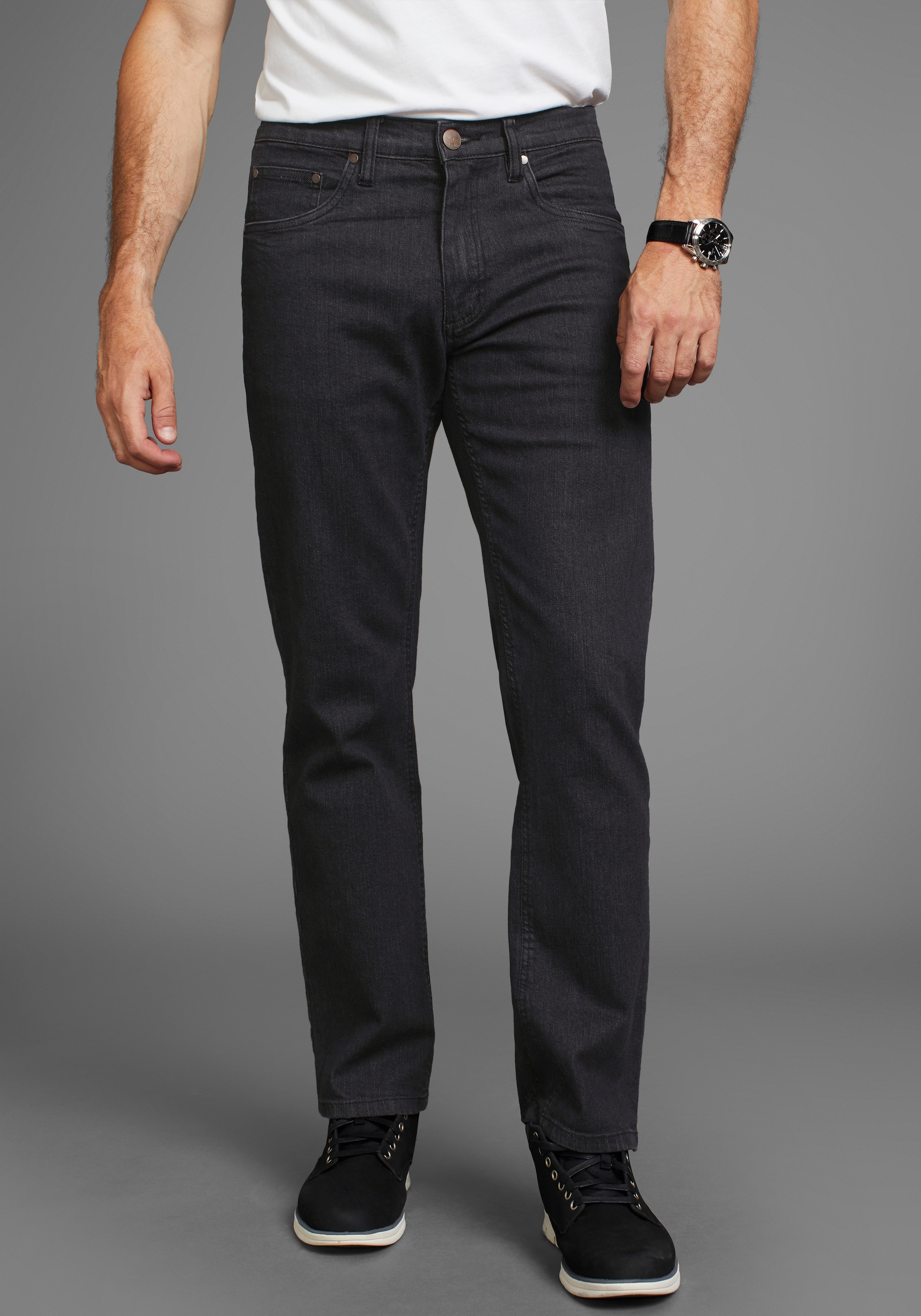 Stretch-Jeans ARIZONA, Herren, Gr. 38, Länge 34, schwarz, Denim/Jeans, Obermaterial: 98% Baumwolle, 2% Elasthan, unifarben, Basic, straight fit lang, Jeans, gerade geschnittenes Bein, niedrige Leibhöhe