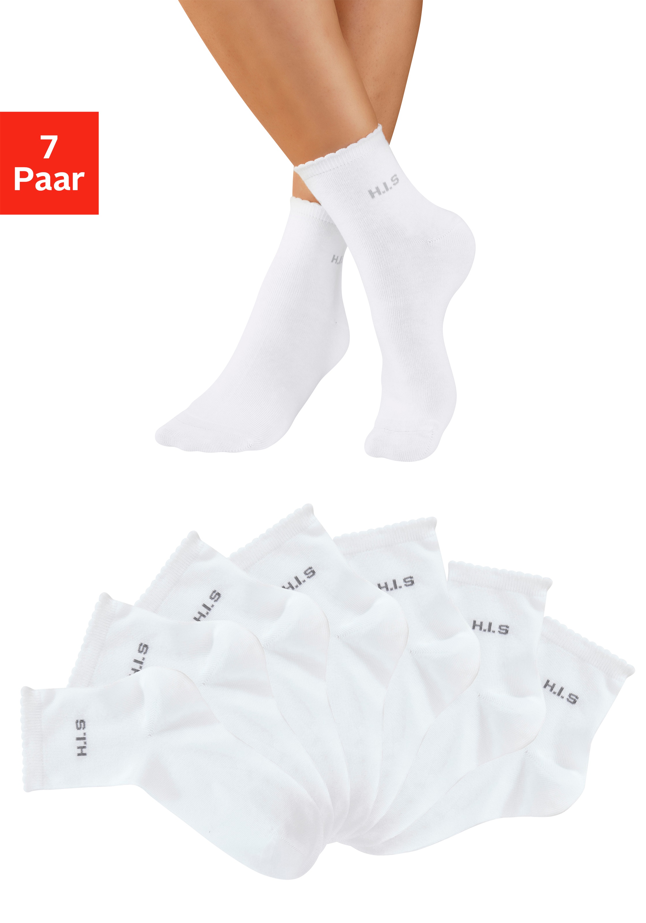 H.I.S Kurzsocken "Damen uni und meliert für die ganze Woche" Packung, 7 Paar tlg. mit gewelltem Bündchen