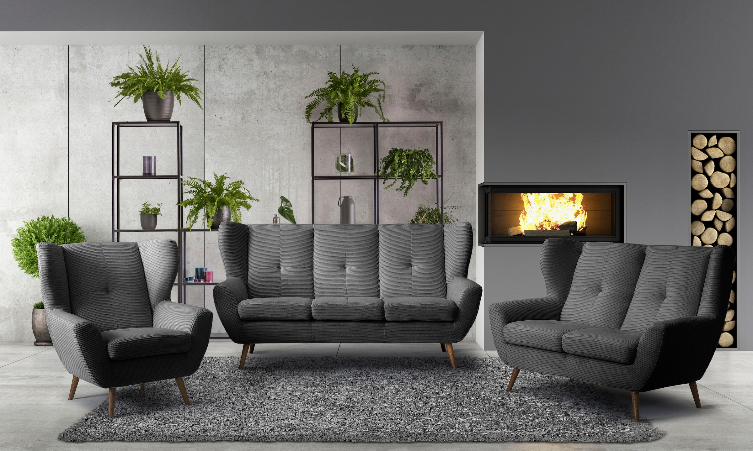 exxpo - sofa fashion 2-Sitzer »ALVESTA, Loungesofa, Küchensofa, hoher Sitzkomfort, Ohrenbackensofa«, gemütliche Rückenlehne, mit Knopfheftung und hohen Holzfüßen, in Cord