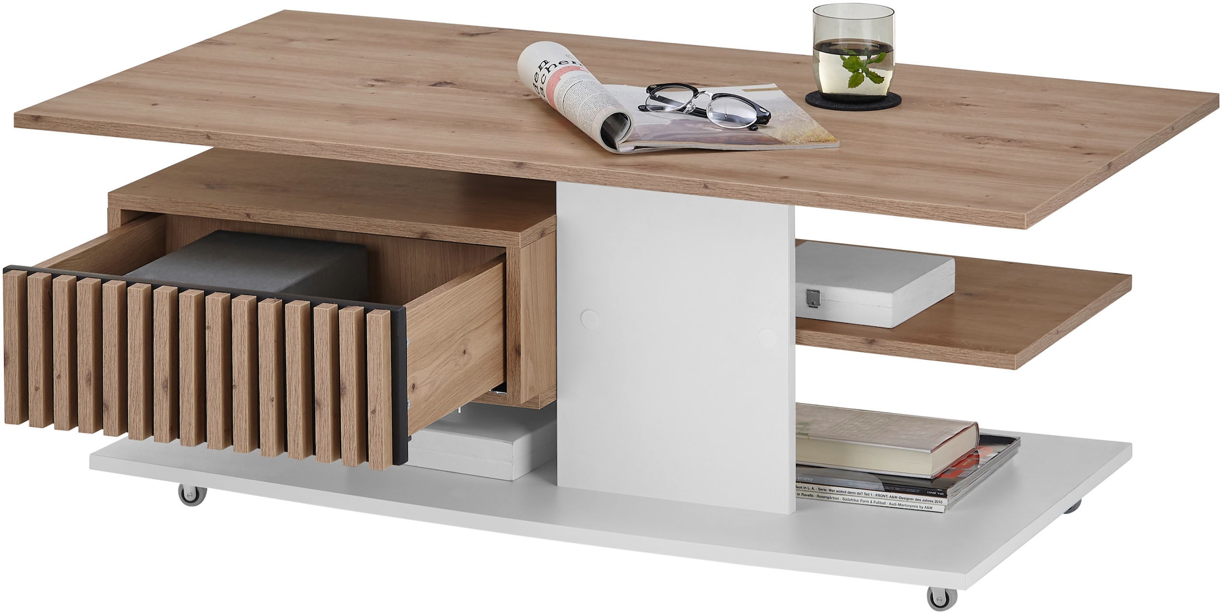 Stolkom Couchtisch »Ally Wohnzimmertisch rollbar Weiß, Artisan Dekor, BxHxT 110x44,5x60 cm«, Schubladenfront mit Lamellen-Optik, Couchtisch rollbar