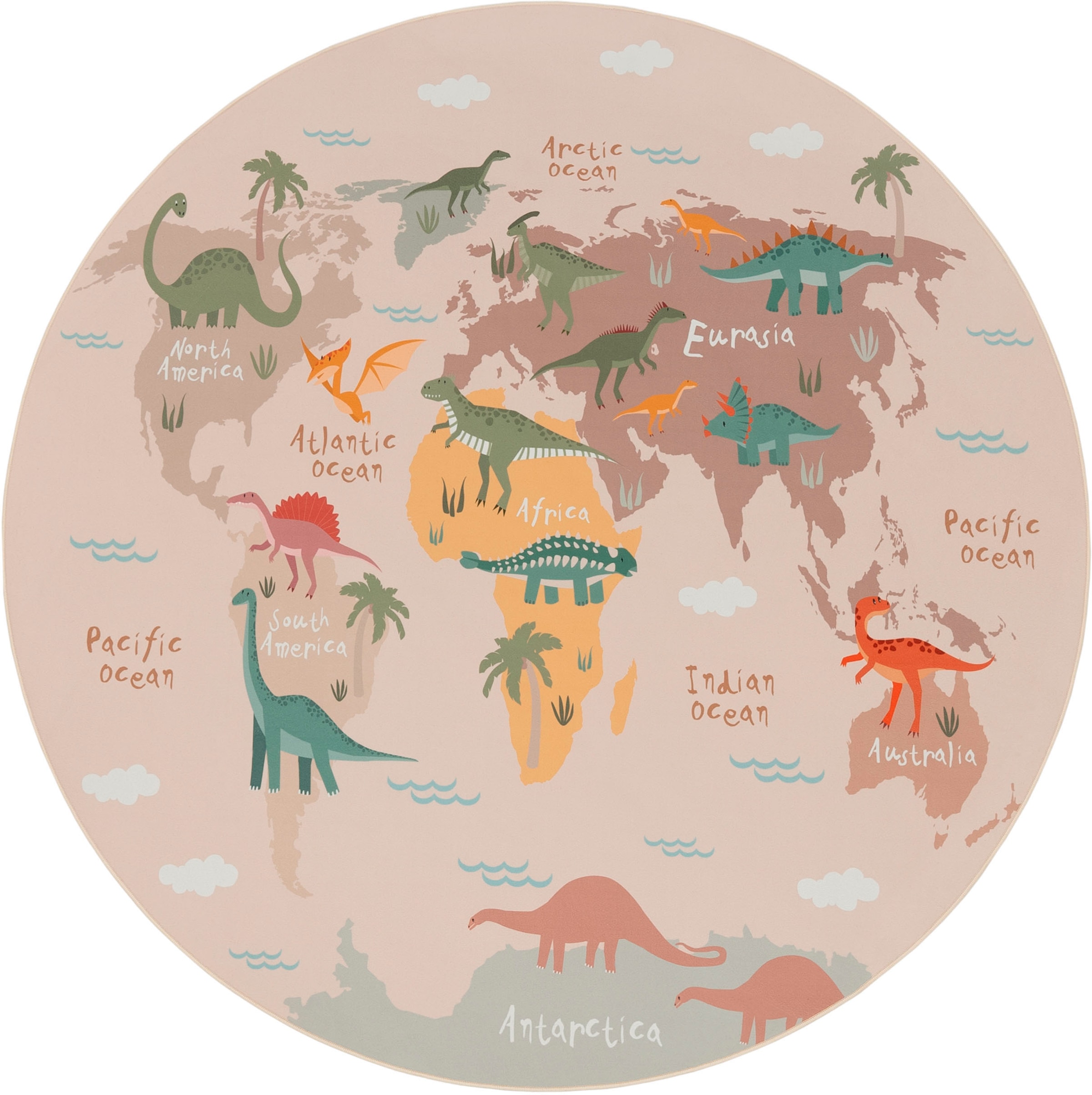 Paco Home Kinderteppich »Bino 583«, rund, 4 mm Höhe, Spielteppich, Motiv Weltkarte & Dinosaurier, Kinderzimmer