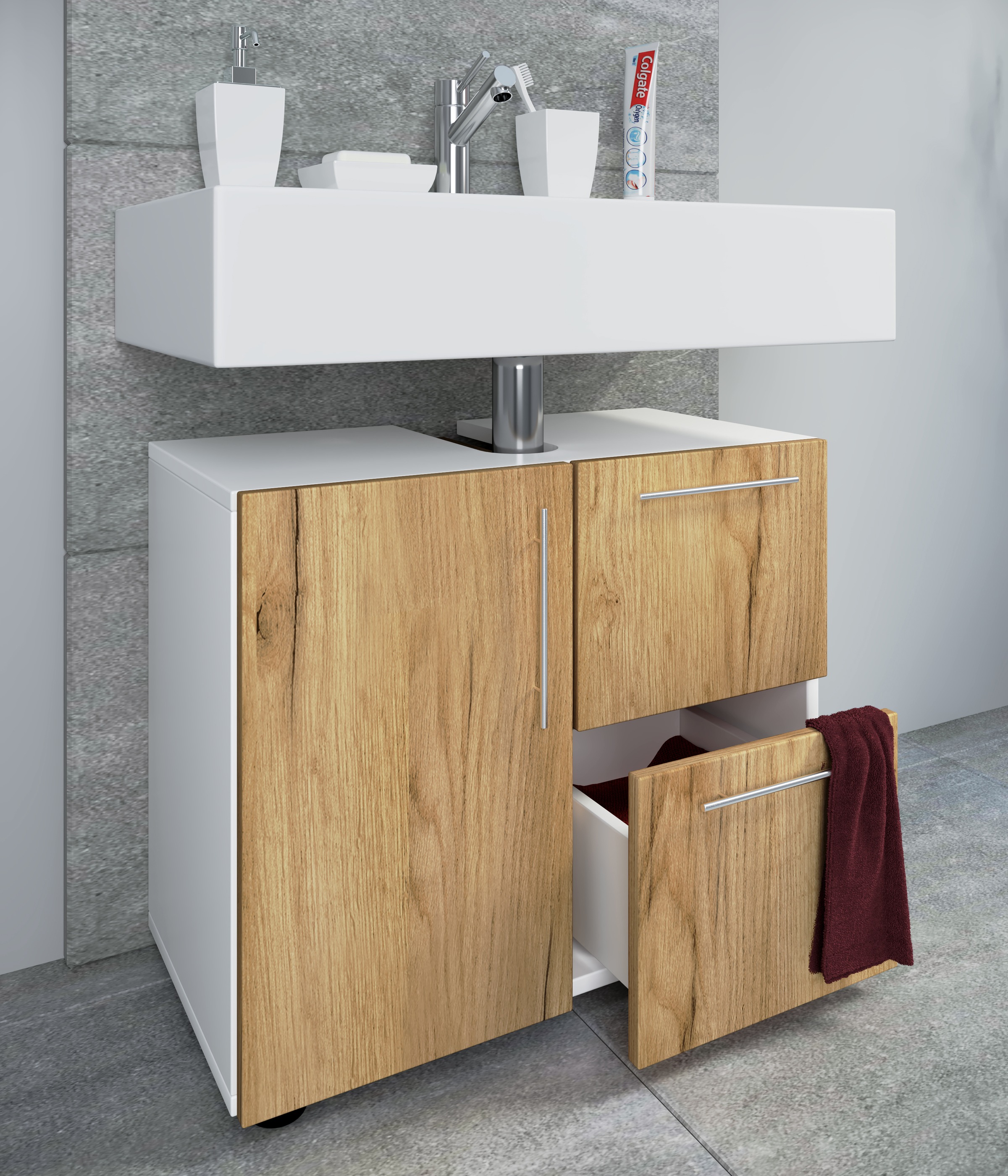 VCM Waschbeckenunterschrank »VCM Holz Waschbeckenunterschrank | Badschrank | Maße: H. 51 x B. 61 x T. 32 cm | 1 Drehtür | 2 große Schubladen | modernes Badezimmermöbel - Flandu«, (1 St.)