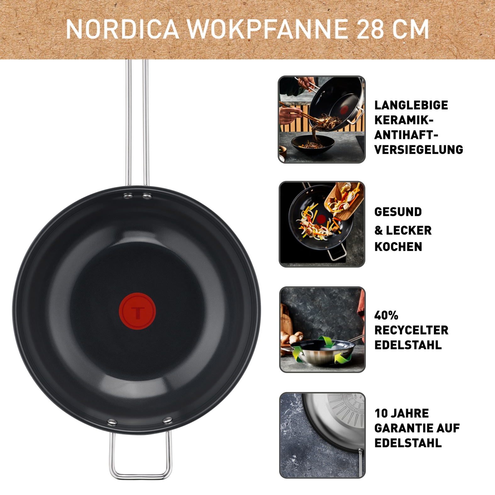Tefal Wok »Nordica, beschichtete Wokpfanne Induktion Ø 28 cm, Thermo-Signal« Edelstahl 1 Stk. tlg. minimalistisches Design, robuster Griff, für alle Herdarten, H87119