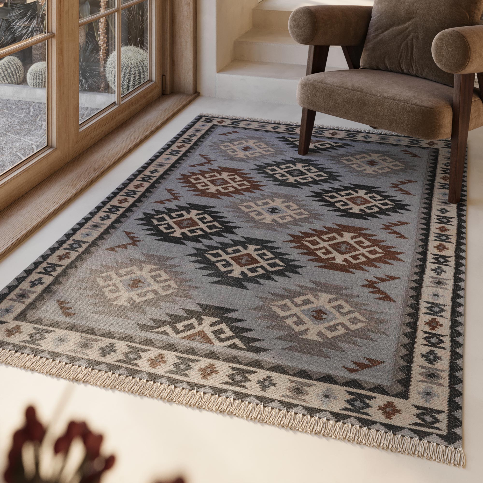 Wollteppich GREEN LOOOP, B:300cm H:5mm L:400cm, blau, Wolle, Teppiche, "Blancard", Fransen, Kelim, handgewebt, Natur, Wohnzimmer, Schlafzimmer, Ethno