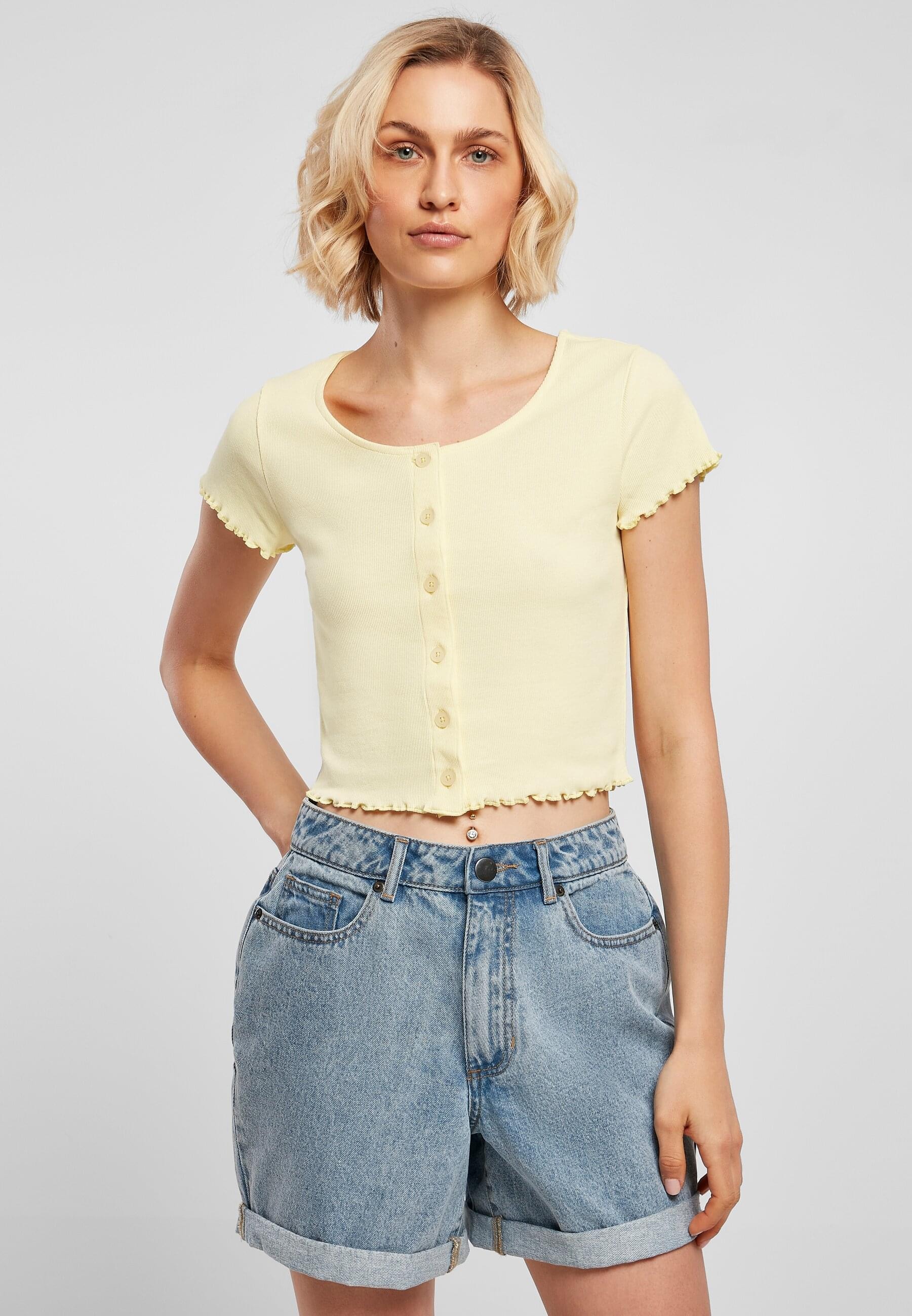 URBAN CLASSICS Kurzarmshirt »Urban Classics Damen Ladies Cropped Button Up Rib Tee«, (1 tlg.)