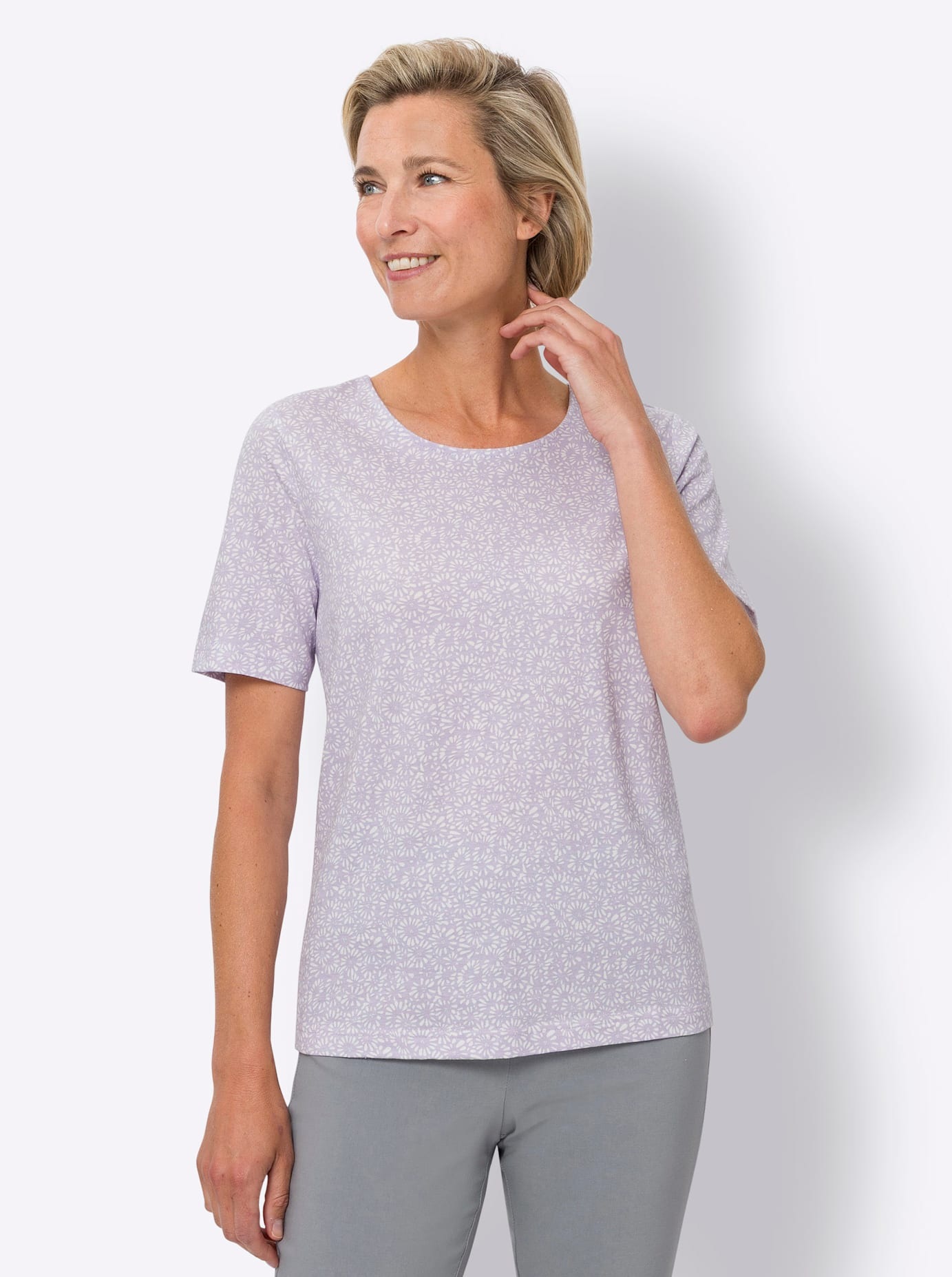 Kurzarmshirt CLASSIC BASICS "Kurzarm-Shirt", Damen, Gr. 48, lila (ecru, flieder, bedruckt), 100% Baumwolle, bedruckt, gemustert, Rundhals, Shirts