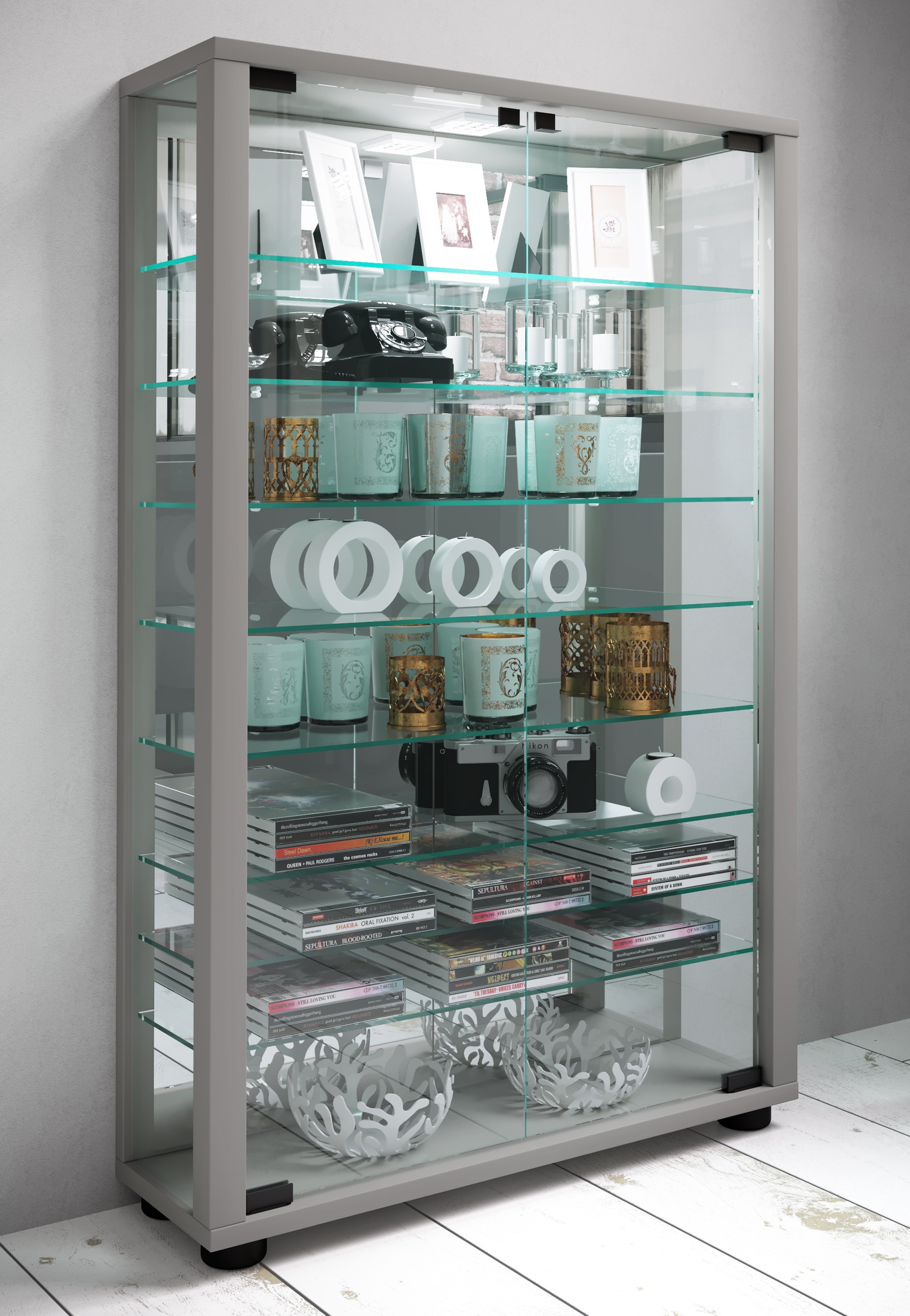 VCM Vitrine »VCM Glasvitrine stehend | Vitrine Glas mit ESG-Sicherheitsglas | Maße ca.H. 91 x B. 59 x T. 18 cm | Standvitrine Glas | Modern und platzsparend | Glas Vitrinenschrank ¿ Lumo Mini Spiegel«, (1 St.)