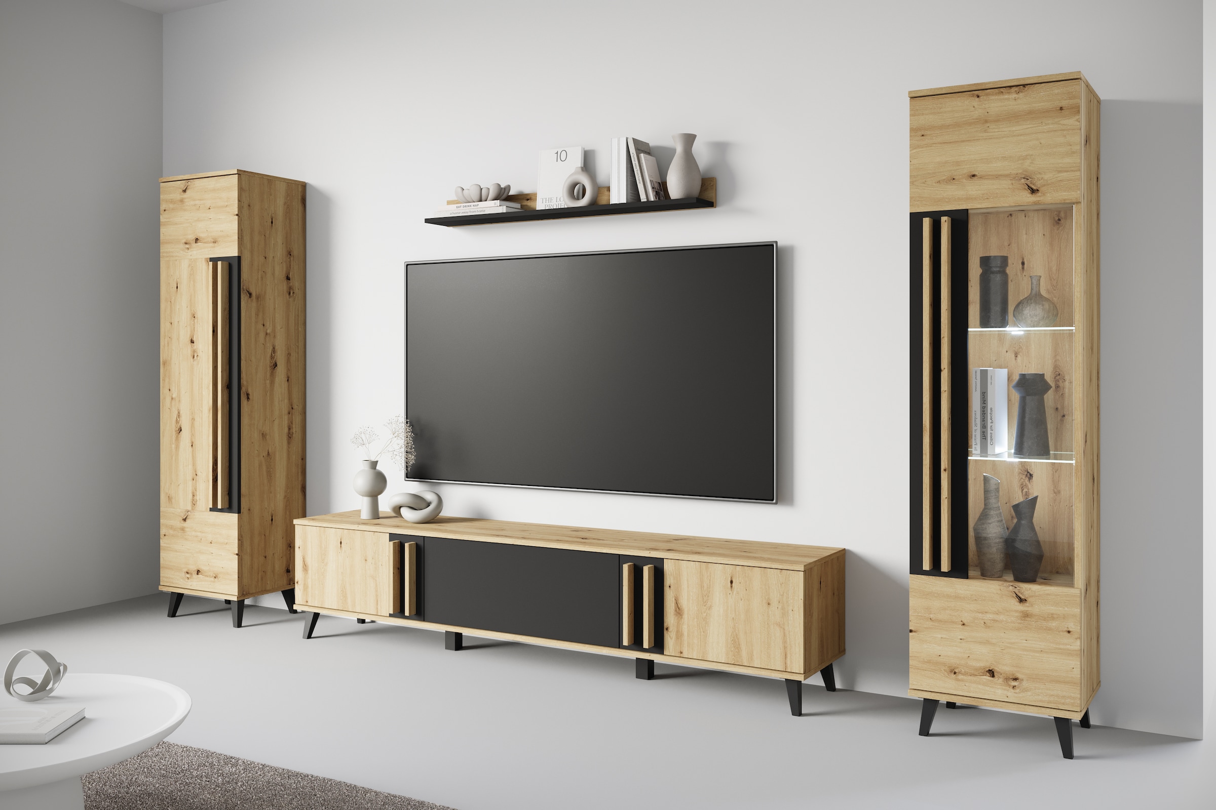 INOSIGN Wohnwand »Helsinki, Modernes Set mit verglaster Vitrine«, (Komplett-Set, 4 St.), mit lamellengriffen, verstellbaren Einlegeböden und Kunststofffüßen