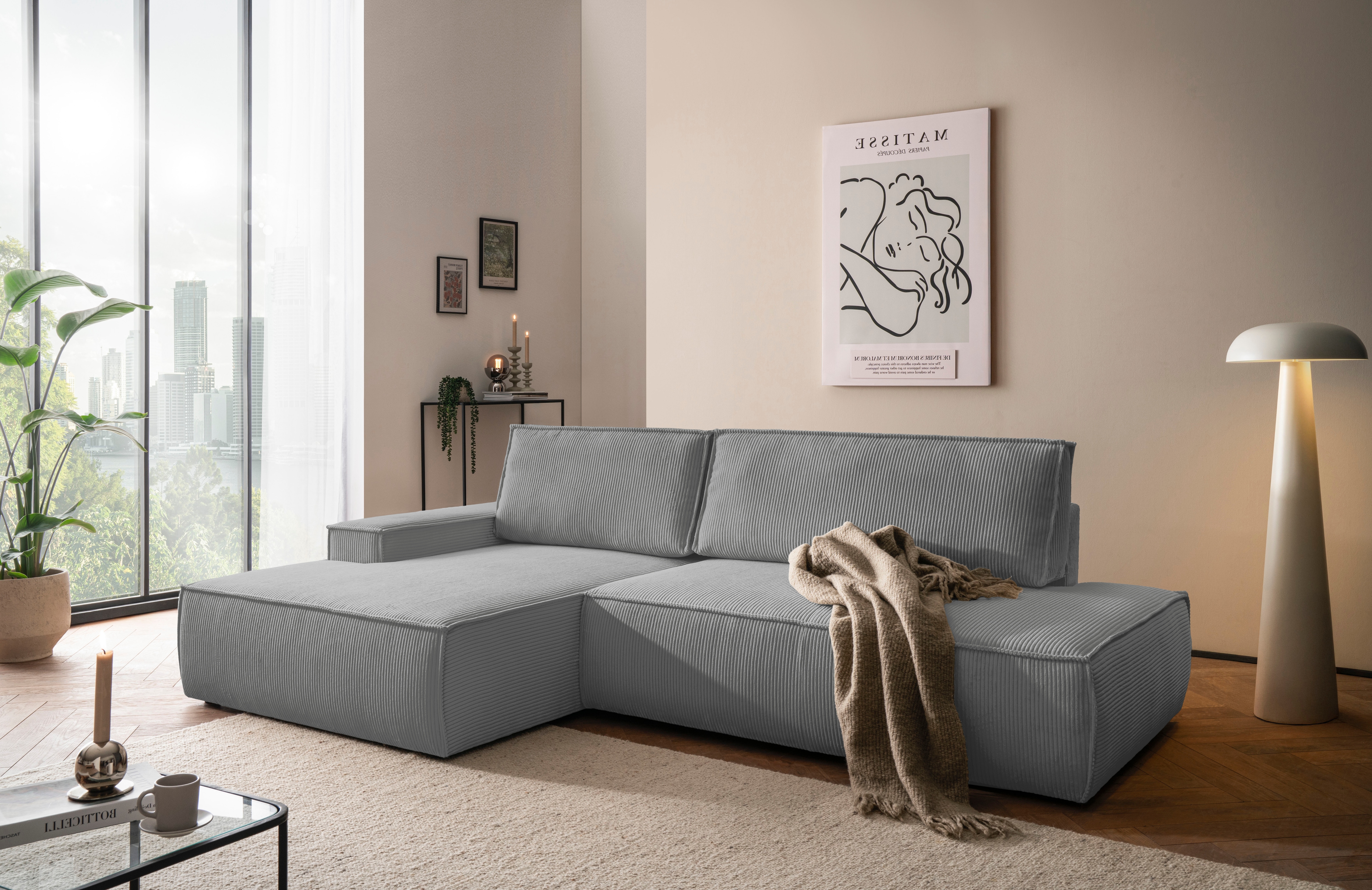 OTTO home Ecksofa "SHERWOOD Cord Schlafsofa in L-Form offen (275cm)" Schlaffunktion und Bettkasten, Kedernaht, hoher Sitz- & Liegekomfort