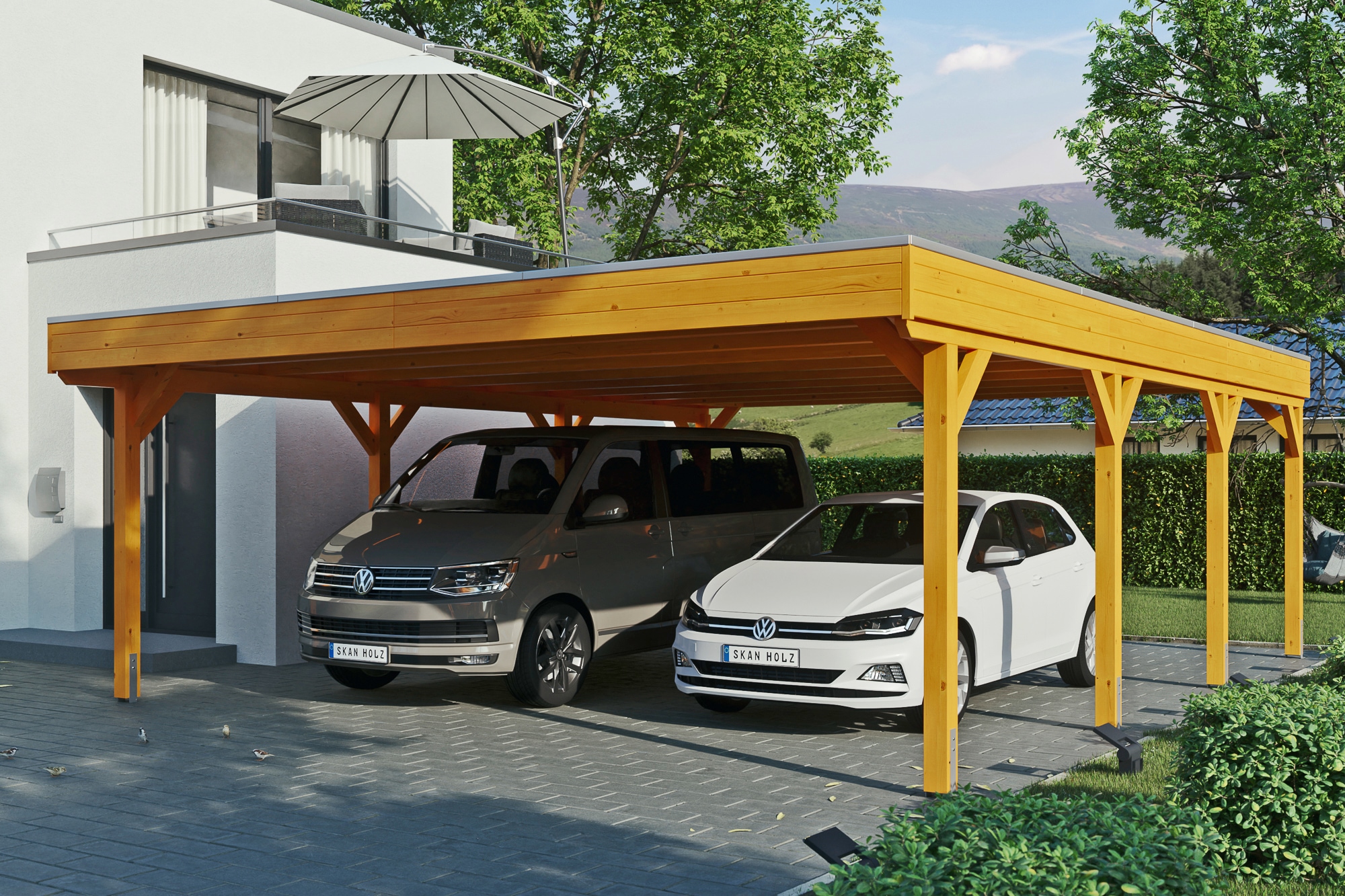 Skanholz Doppelcarport "Grunewald" Leimholz hellbraun mit Aluminiumdach