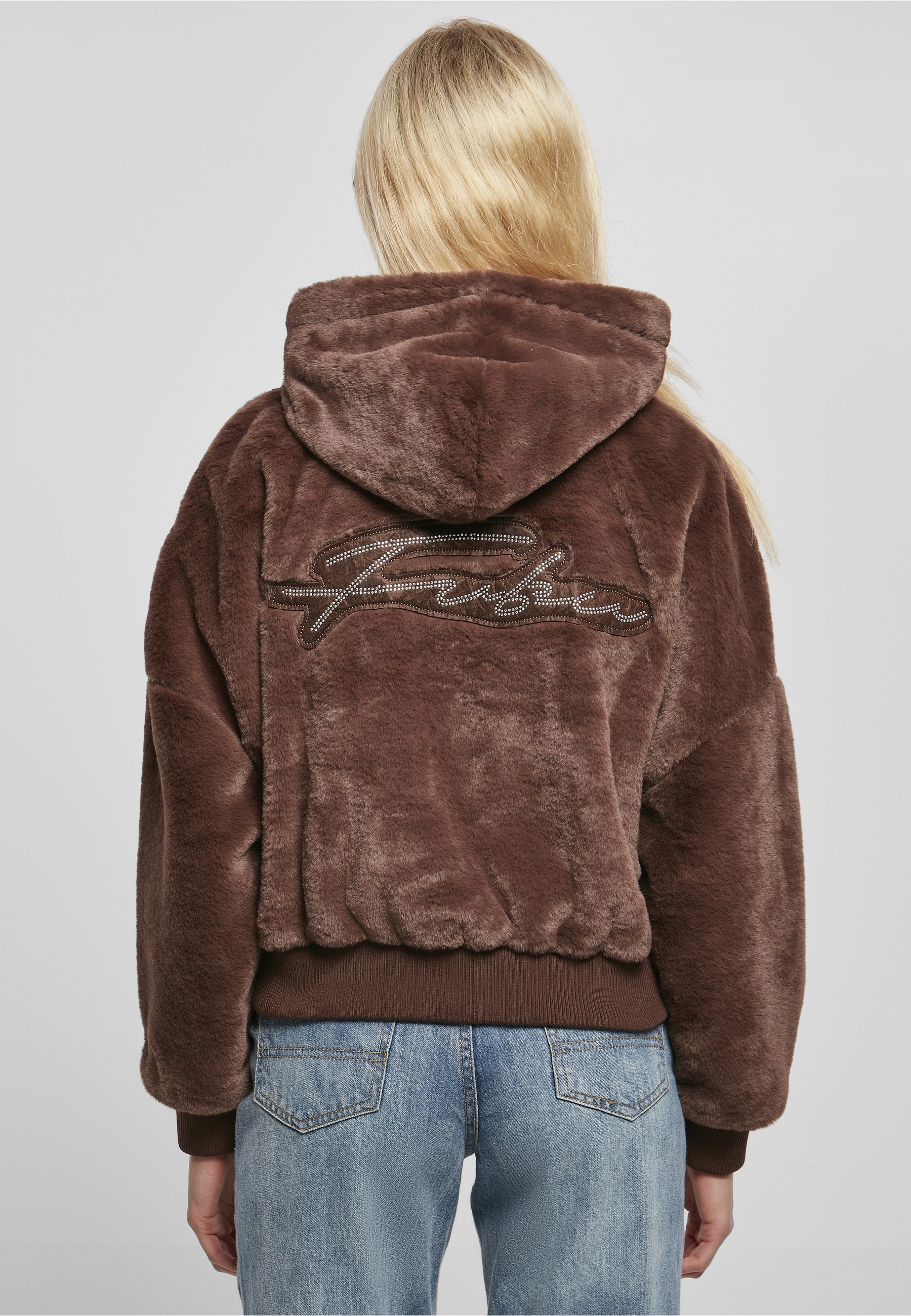 Fubu Collegejacke »Fubu Damen FW224-022-1 Signature Rhinestone Fur Jacket brown« 1 Stk. tlg. mit Kapuze