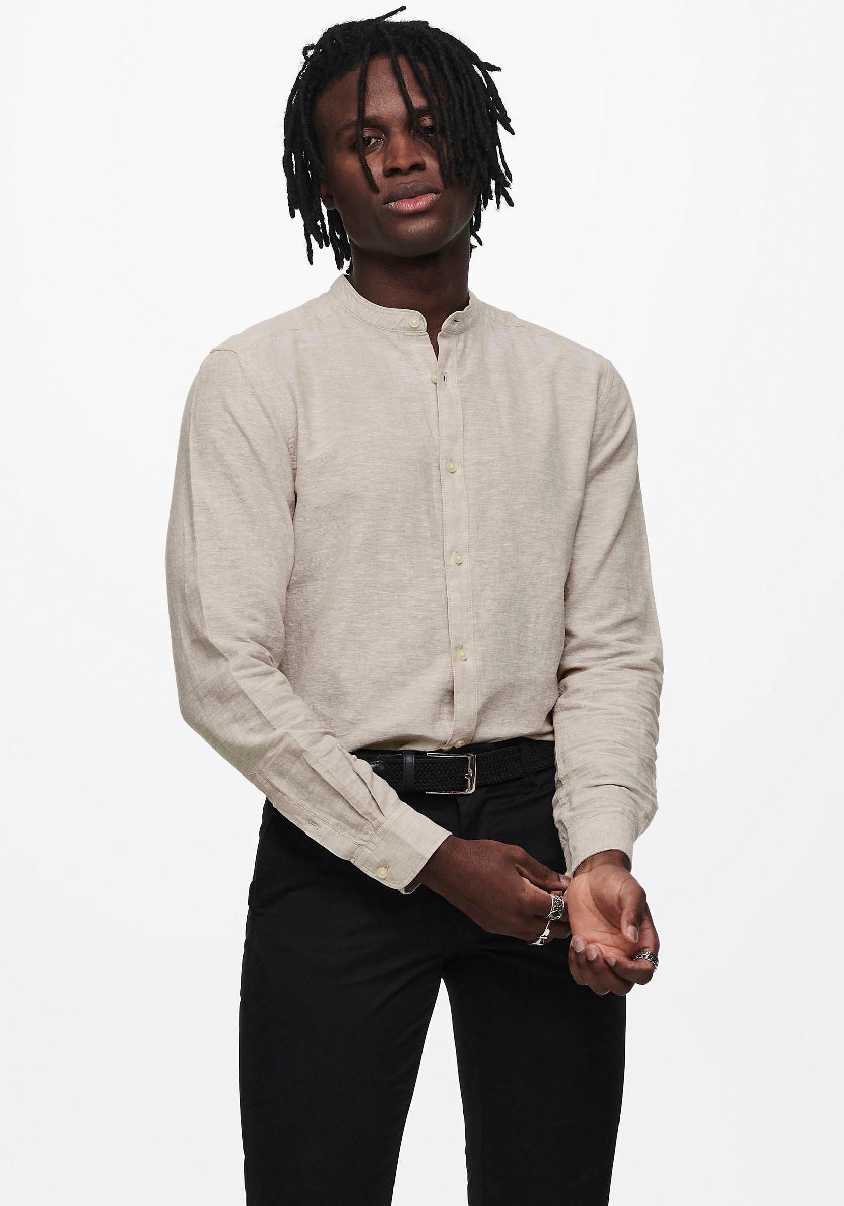 ONLY & SONS Langarmhemd "ONSCAIDEN LS SOLID LINEN MAO SHIRT NOOS" Baumwolle mit Leinen, slim fit
