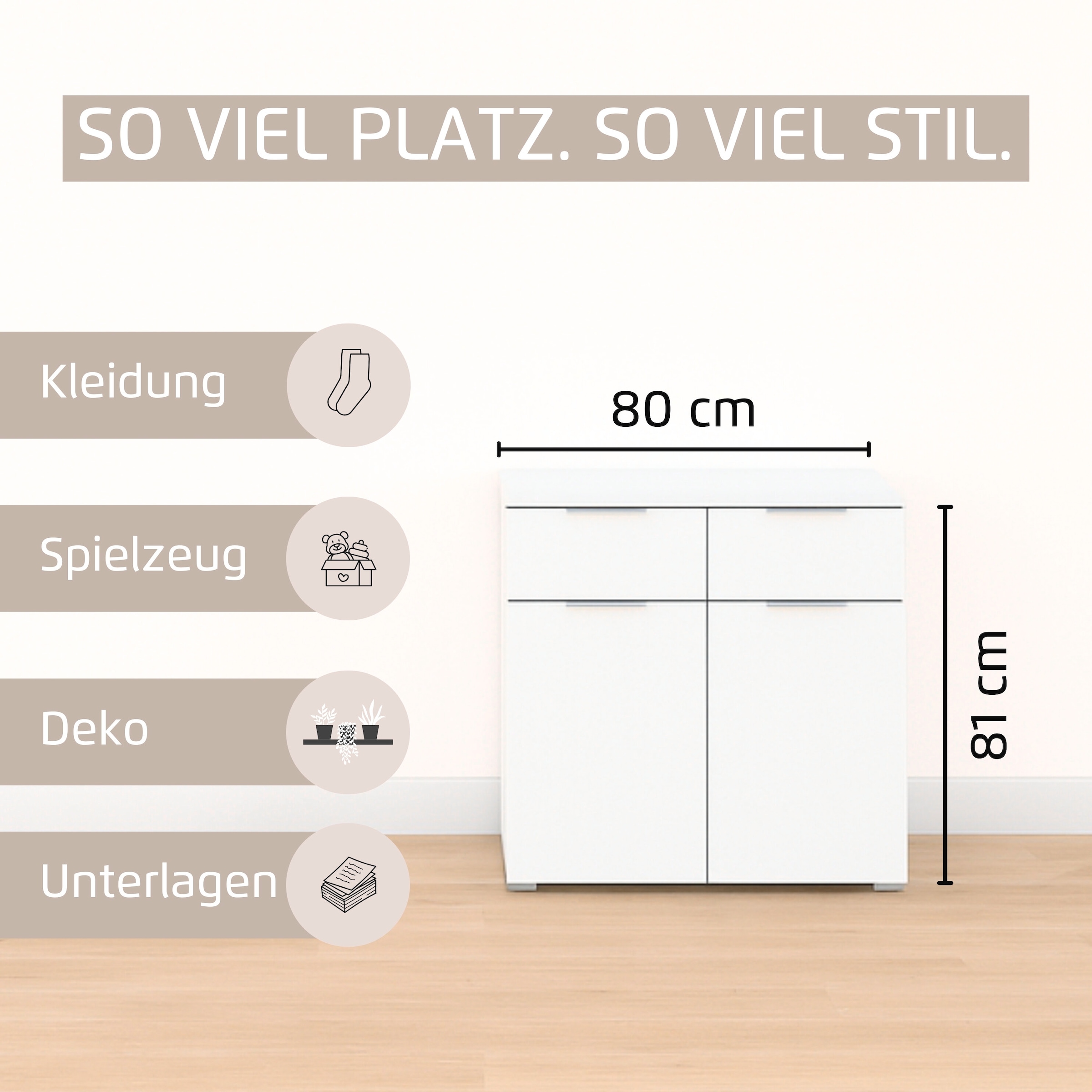 rauch Kombikommode »Sideboard Schubladenkommode CORTONA mit Dekor-Front« Breite 80 cm inkl. Soft-Close-Funktion,  mit 2 Schubladen und 1 verstellbaren Einlegeboden MADE IN GERMANY