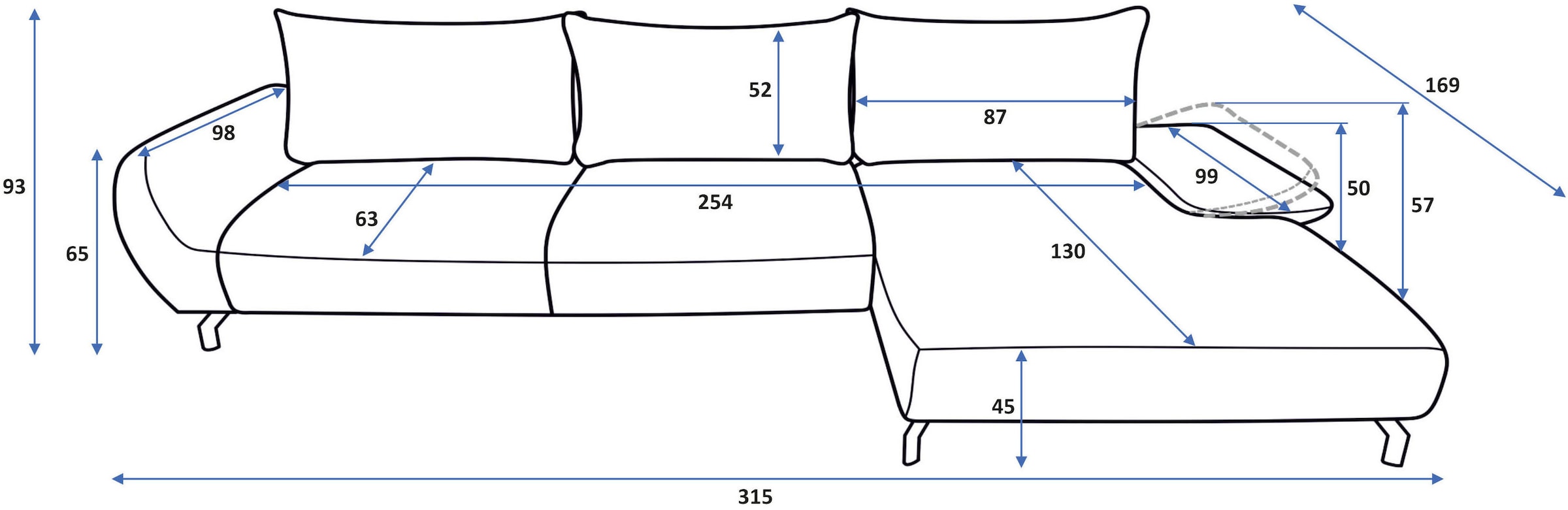 OTTO home Ecksofa »KELLIE, L-Form, 315 cm, verstellbare Armlehne, Metallfüße,« wahlweise Recamiere links o. rechts, Chenille-Stoff, hoher Sitzkomfort