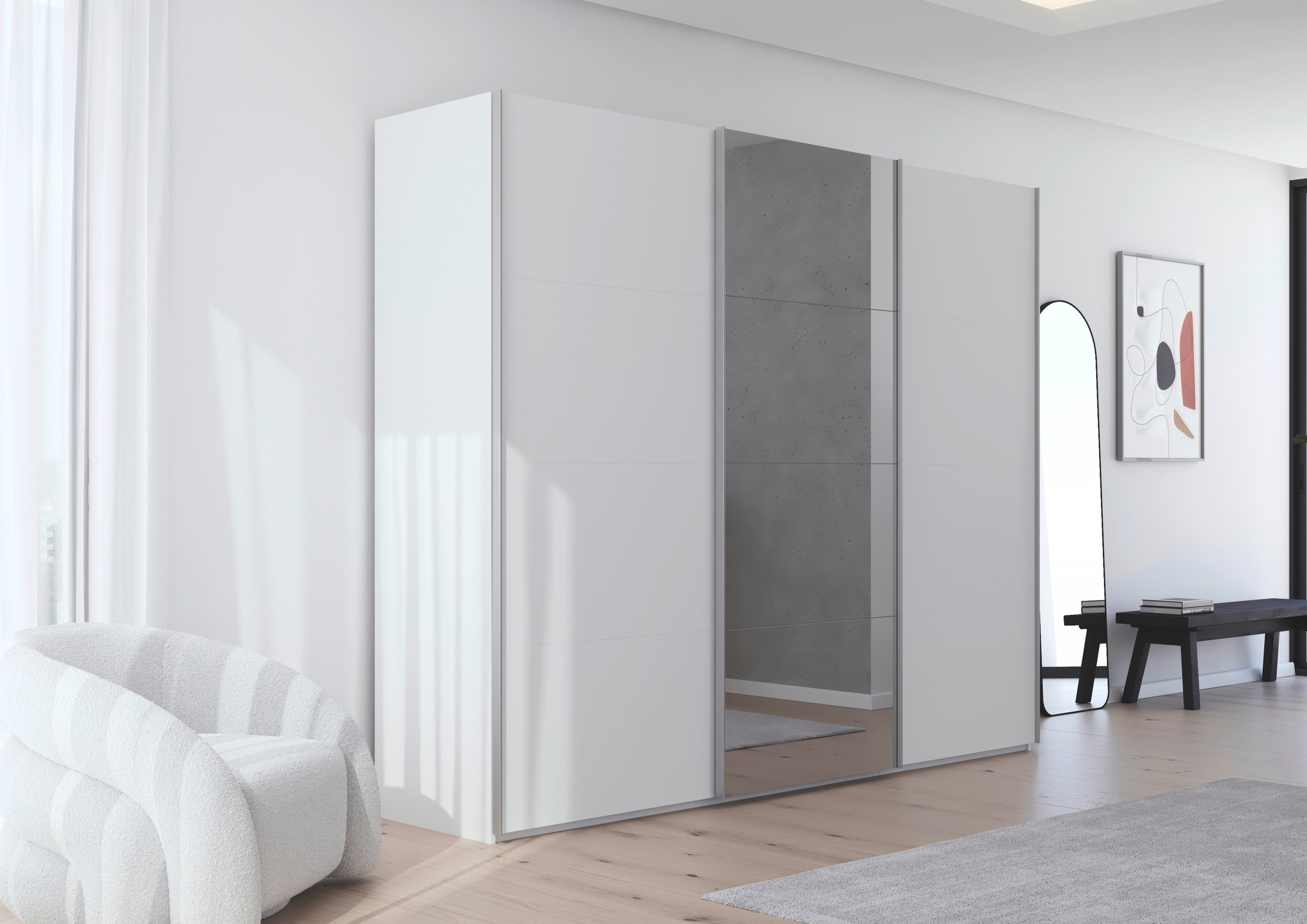 rauch Schwebetürenschrank »Kleiderschrank Schrank Garderobe Schlafzimmerschrank SCALE-FYRA«, edle viergeteilte Türen mit Spiegel und vielen Farben MADE IN GERMANY