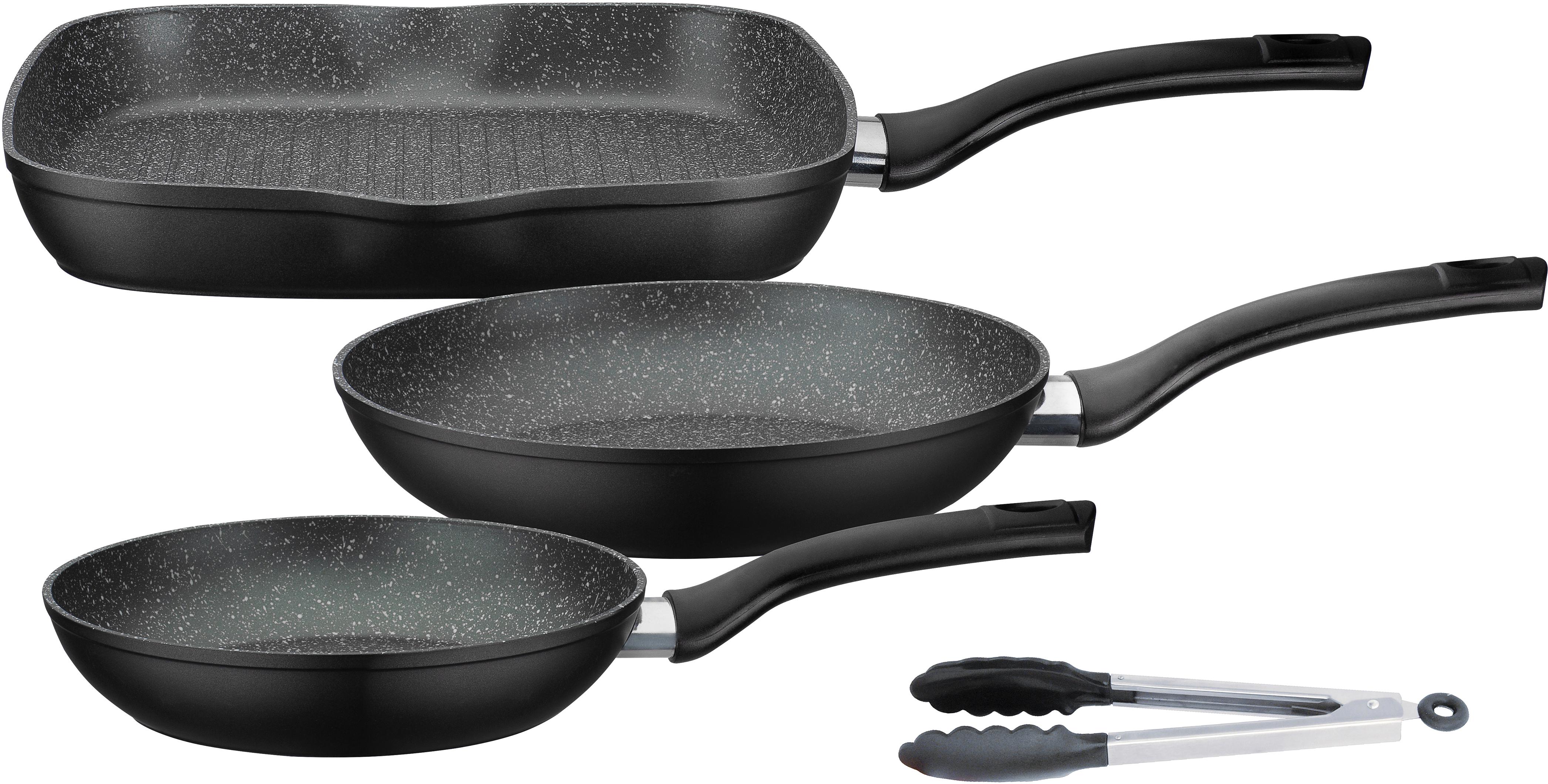 GSW Pfannen-Set "Gourmet Granit" Aluminium Set, 1x Bratpfanne Ø 20 cm, 1x Bratpfanne Ø 24 cm, 1x Grillpfanne Ø 28 cm, 4 Stk. tlg. Induktion