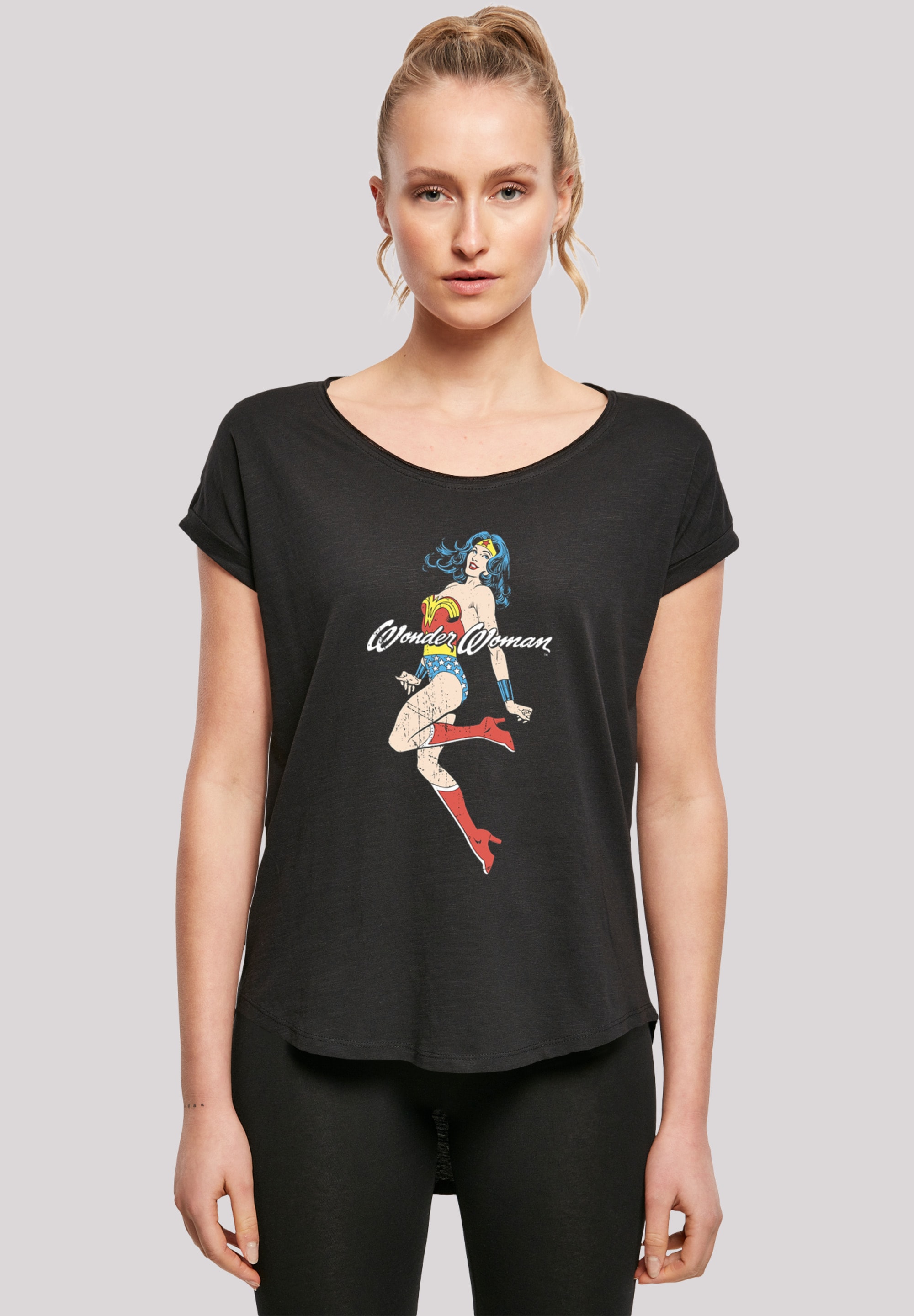 F4NT4STIC Kurzarmshirt »F4NT4STIC Damen Wonder Woman Jump -BLK with Ladies Long Slub Tee«, (1 tlg.)