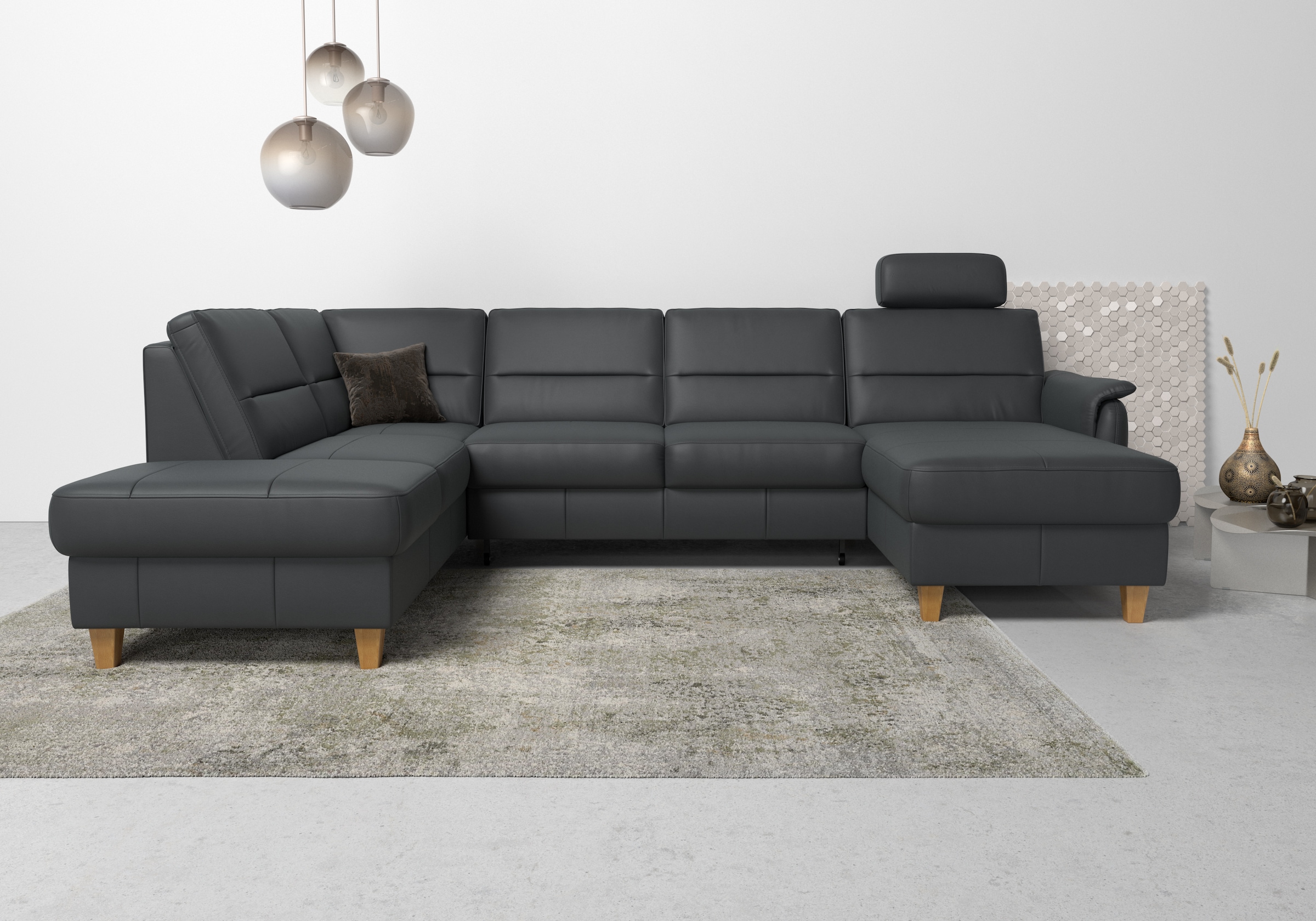 Home affaire Wohnlandschaft "Palmera U-Form, B: 308 cm, große Stoff + Leder Auswahl" mit Schlaffunktion & Bettkasten, Federkern, XXL-Wohnlandschaft