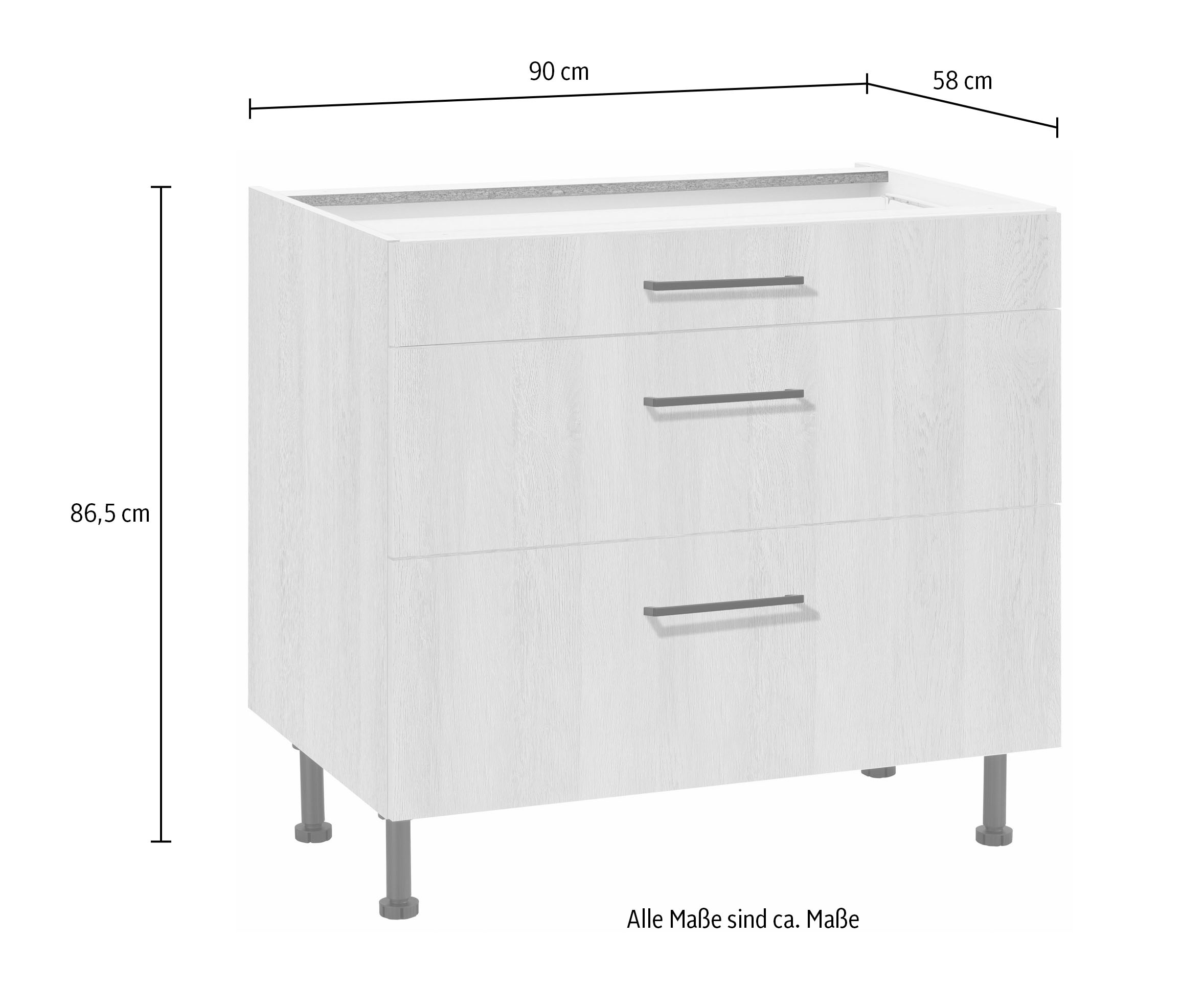 wiho Küchen Unterschrank »Nisos«, 90 cm breit, Soft-Close in Schubladen, verstellbare Füße, ohne Platte