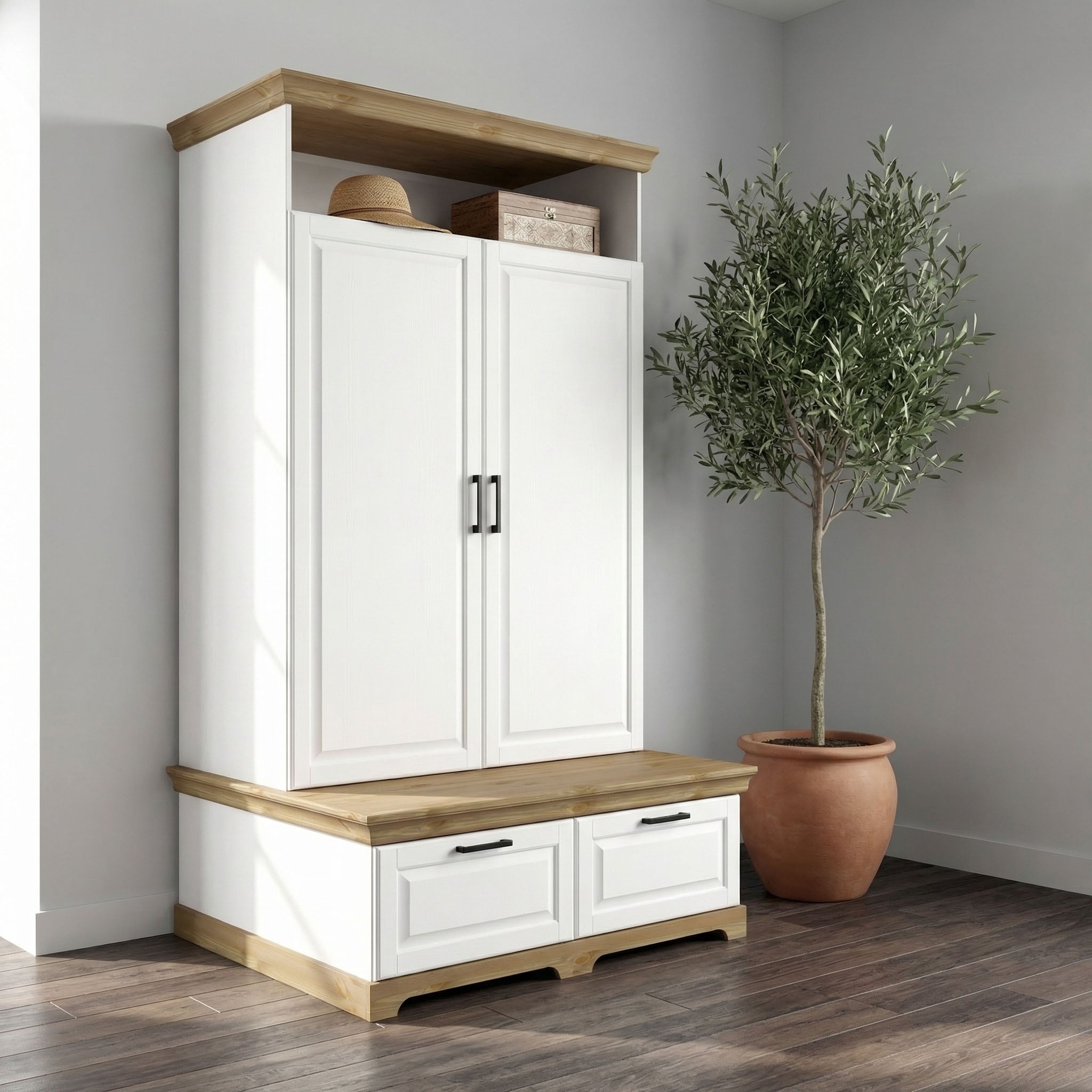 OTTO home Wäscheschrank »Rügen XXL– Landhaus-Charme mit maximalem Stauraum, zeitlos schön« B/H/T ca. 127/216/70 cm,  Integrierte Sitzbank + Schubladen: Stauraum für Schlafzimmer+Diele