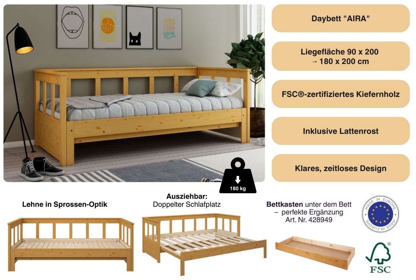 Thumbnail - OTTO home Daybett ""AIRA" Kinderbett, Gästebett, Skandi- Design, Schublade optional" FSC zertifiziertes Massivholz, mit ...