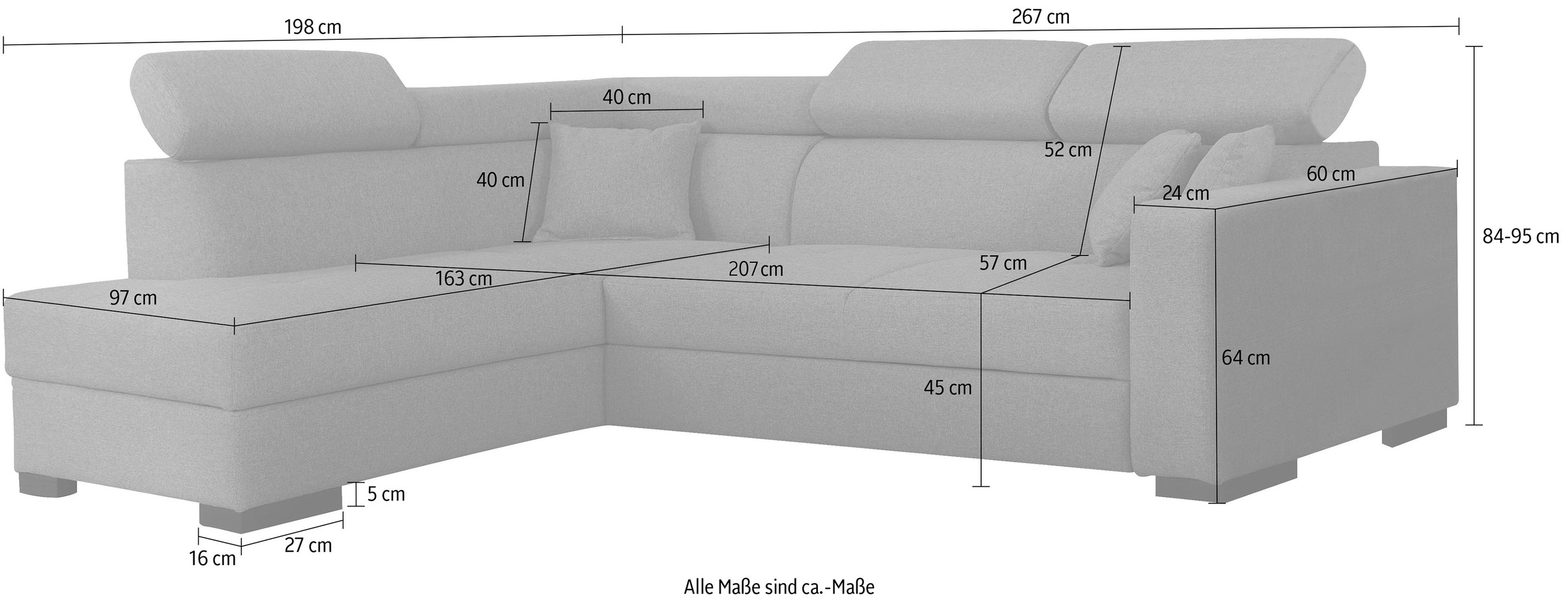 Ecksofa HOME AFFAIRE "Tulio L-Form", grau (ash), B:267cm H:95cm T:198cm, Struktur fein (100% Polyester);Struktur (100% Polyester);Samtstruktur (100% Polyester), Sofas, Ecksofa, wahlweise mit Bettfunktion und Bettkasten, incl. 3 Zierkissen 6