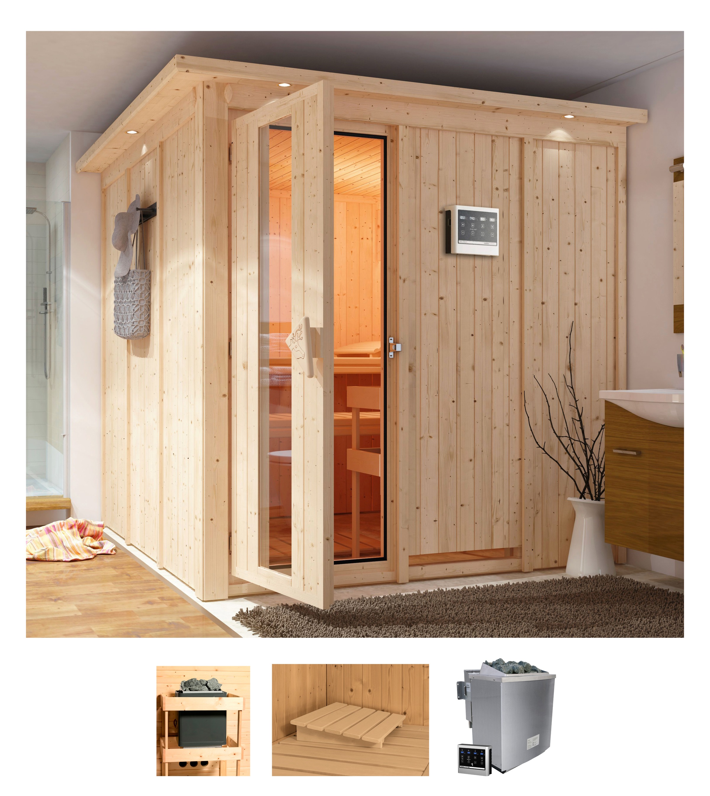 Karibu Sauna "Romina" Set, Ofen 9 kW Bio externe Strg easy