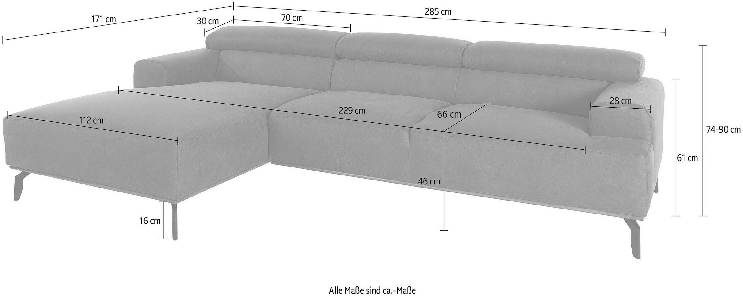 Places of Style Ecksofa »Performance L-Form«, mit Kopfteilverstellung und dekorativer Massivholz-Zierleiste in Eiche