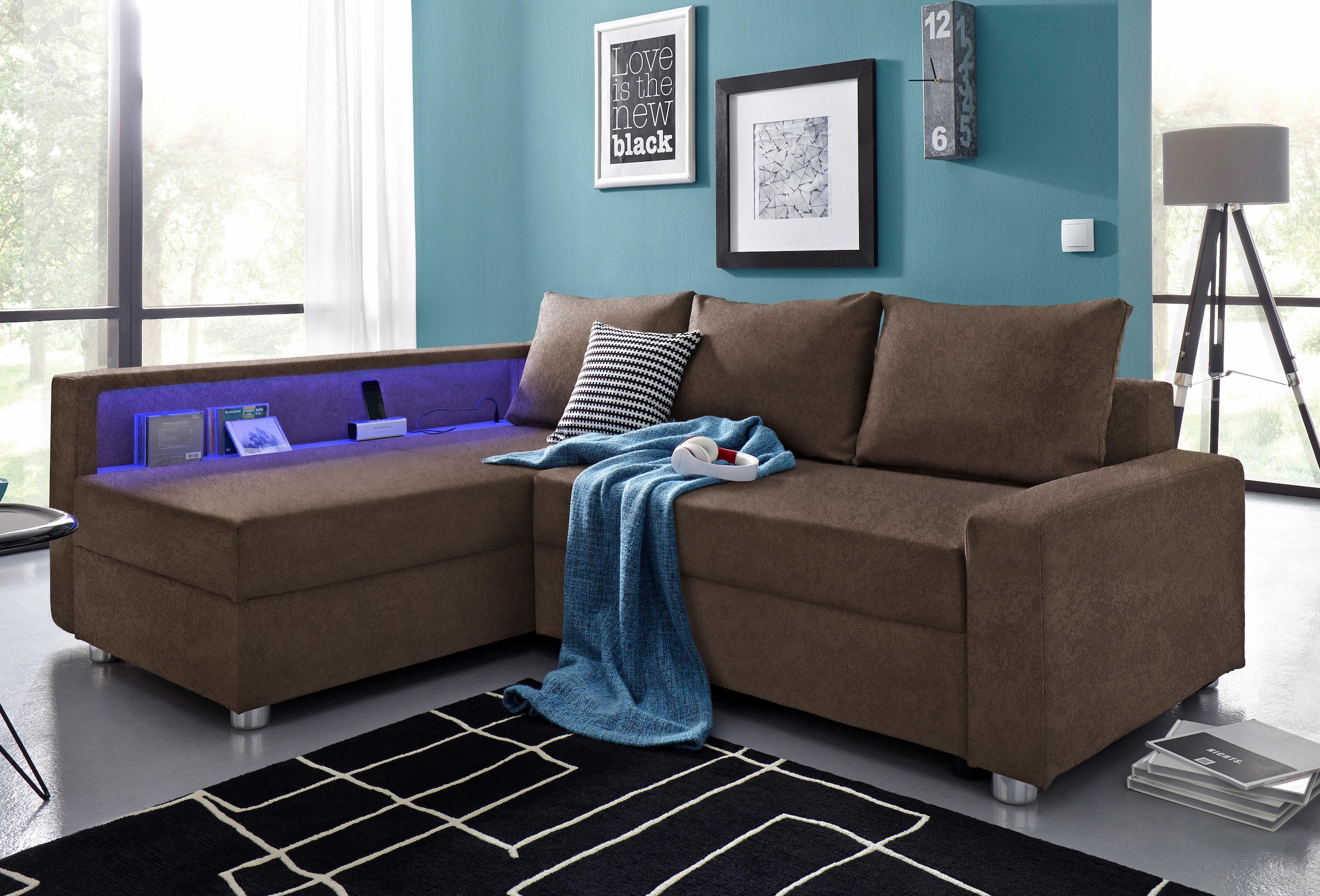 COLLECTION AB "Relax L-Form, B: 223 cm" Schlaffunktion, Bettkasten, Regal & 1 Zierkissen, optional Licht