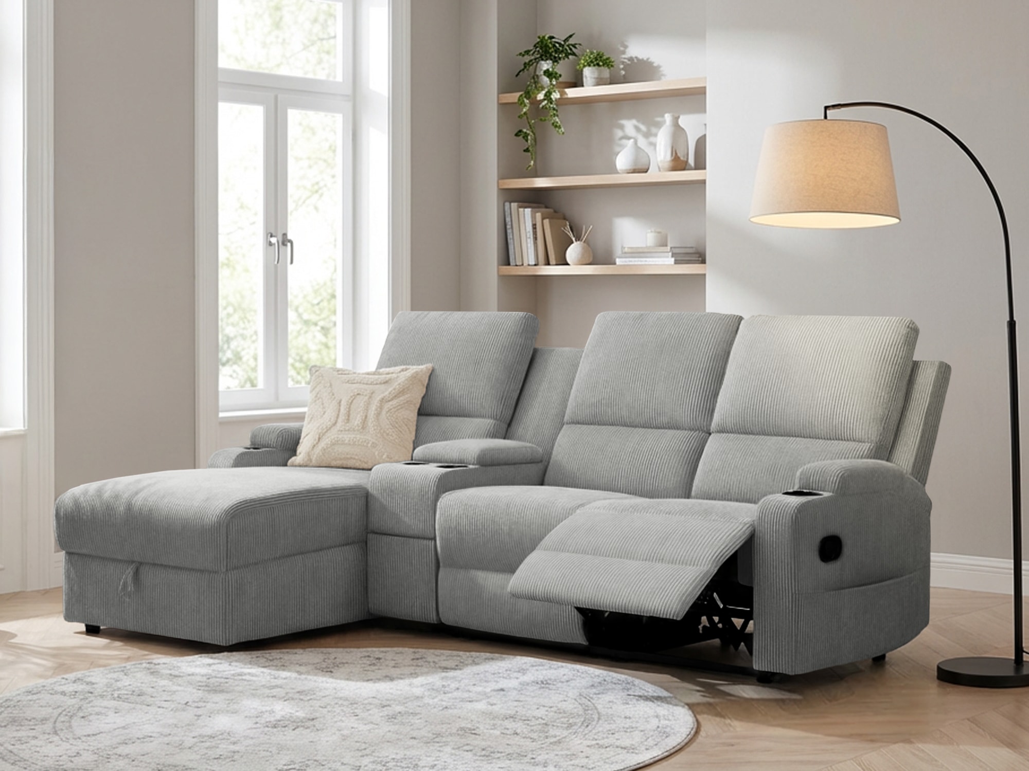 OTTO home Ecksofa "NAPORI Cord, Multimediasofa, 3er Kinosessel XXL, L-Form" Kinosofa, manuelle o. elektr. Relaxfunktion, Staufach, Getränkehalter