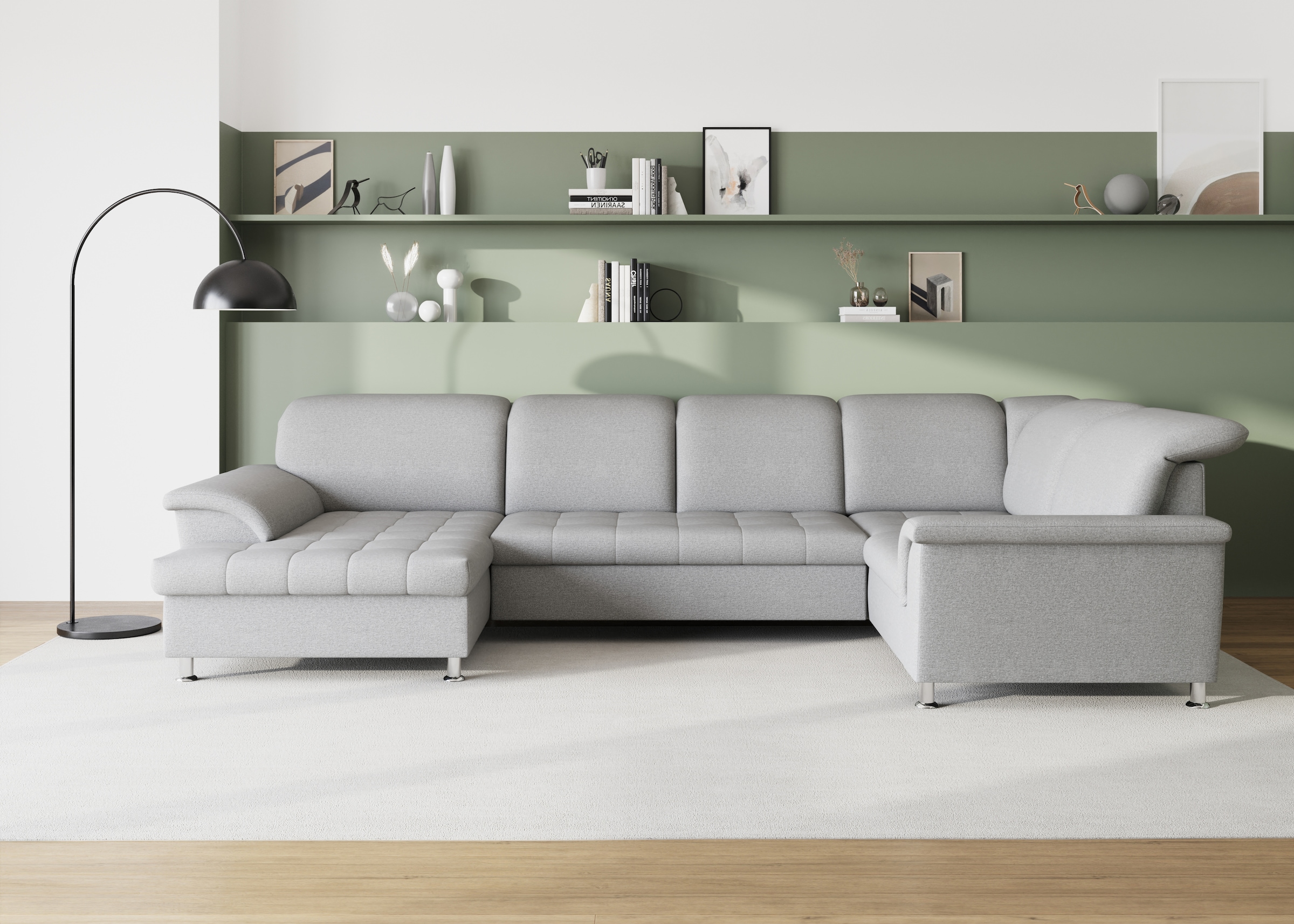 DOMO collection Wohnlandschaft "FRANZI optional mit Bettfunktion, Bettkasten & Kopfteilverstellung" U-Form, Recamiere links, silber, B/T: 352/214 cm