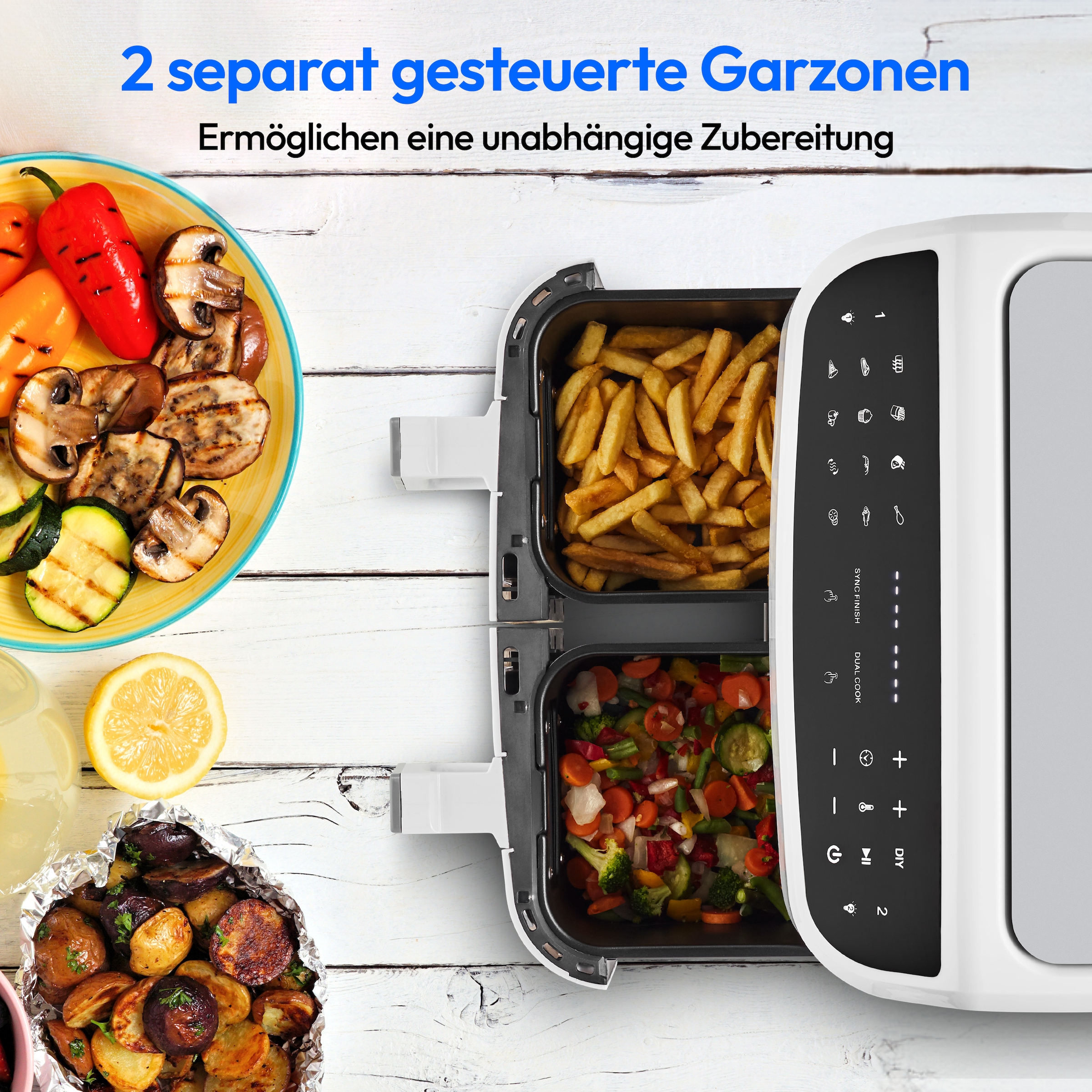 Medion® Heißluftfritteuse »P20 XL (MD 11760) 8,7 L Korbvolumen, 9 Automatikprogramme, Dual Cook«, 2400 W, Temperatur 50 - 200 °C, ILAG Beschichtung, Sync-Finish