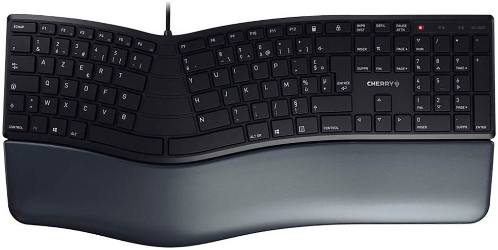 Cherry Tastatur »KC 4500 ERGO Kabelgebundene Ergonomische Tastatur, Schwarz, USB« (Fn-Tasten | Funktionstasten | Handgelenkauflage | Lautstärkeregler | Multimedia-Tasten | Ziffernblock | ergonomische Form | verstellbare Füße)