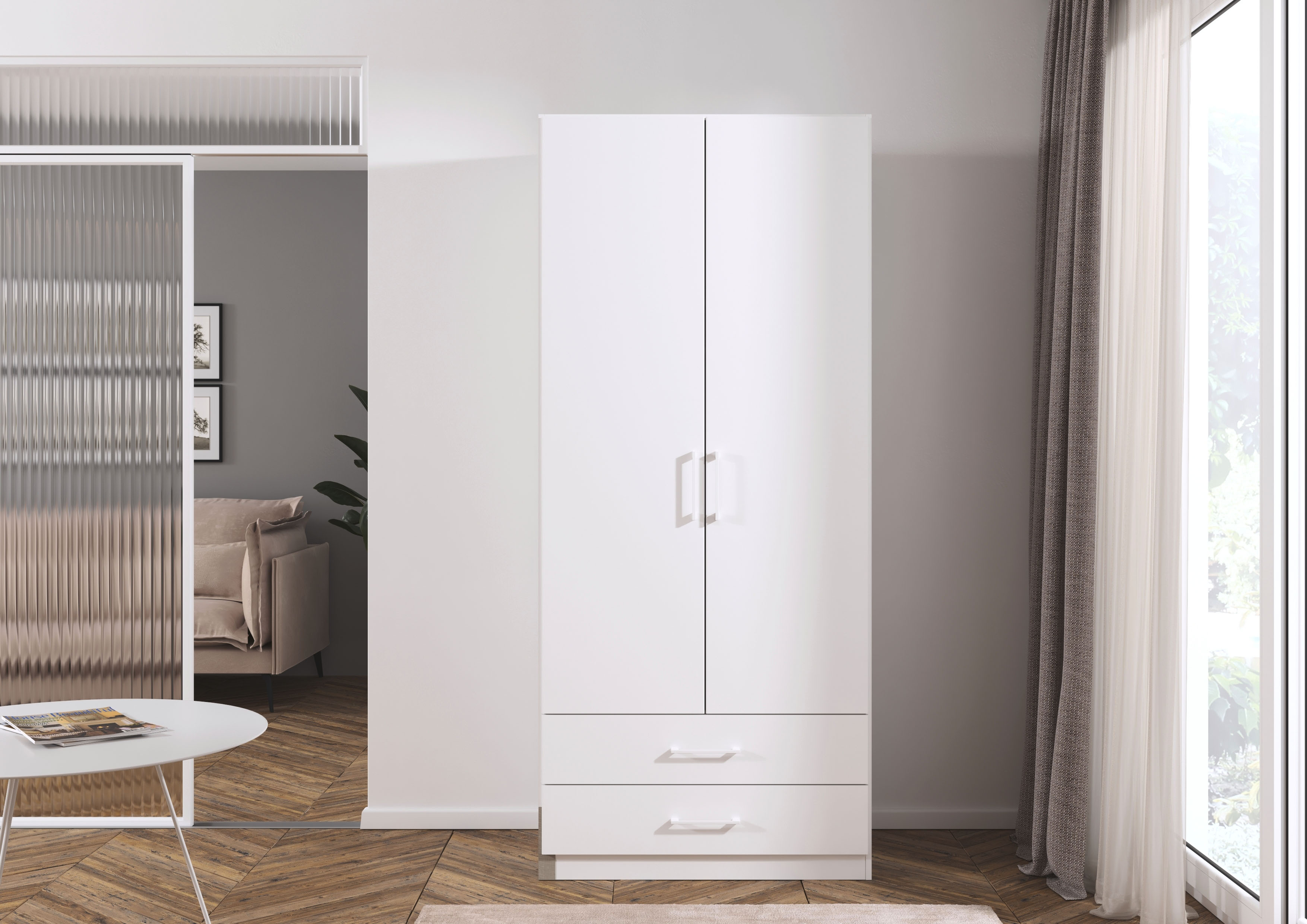 rauch Drehtürenschrank "Kleiderschrank Garderobe GAMMA Breite 91 cm" in 3 Ausstattungen BASIC/CLASSIC/PREMIUM (inkl. SOFT-CLOSE-Funktion), mit Schubladen, verschiedene Griff-Varianten TOPSELLER MADE IN GERMANY