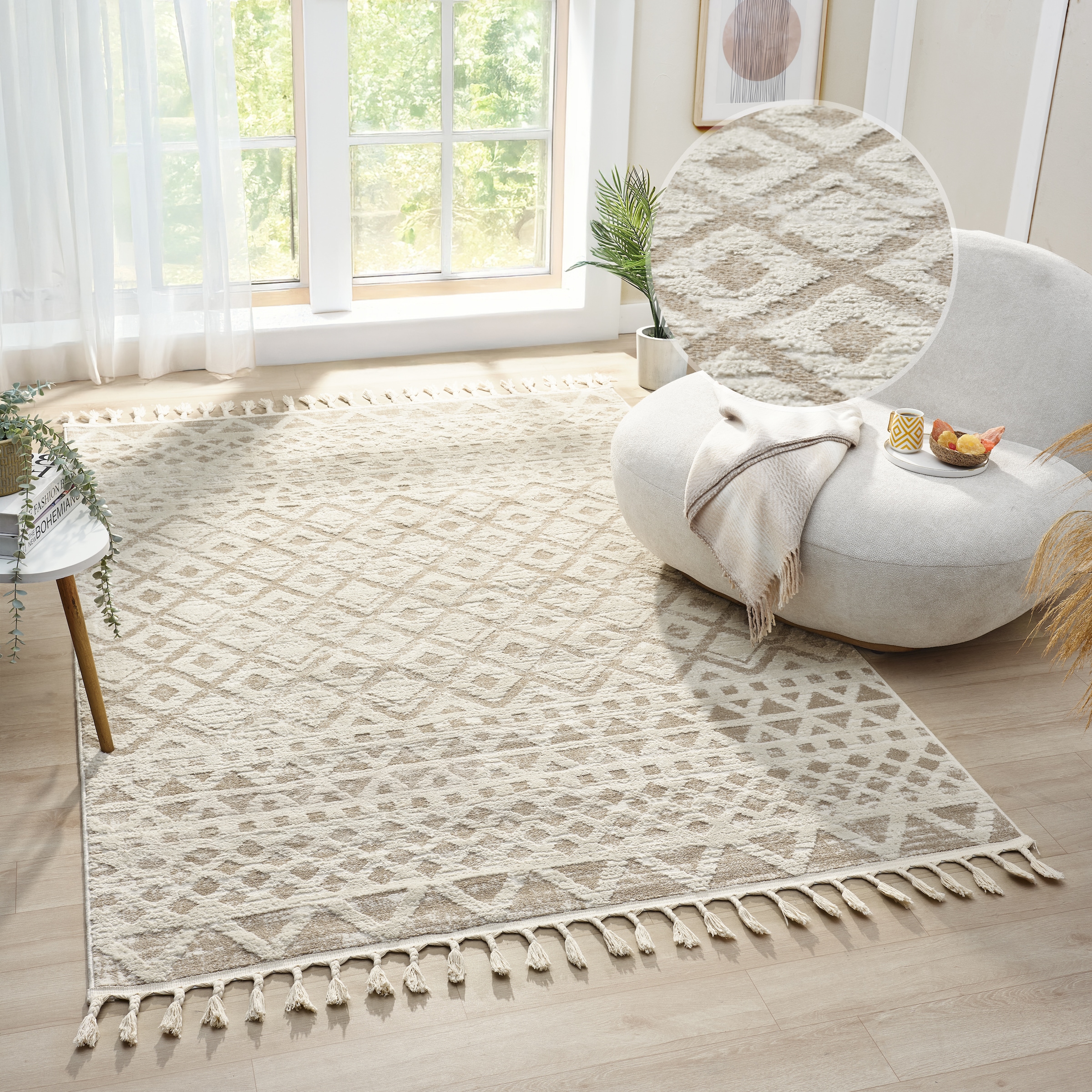 OTTO home Teppich "Ribeyret" rechteckig 11 mm Höhe mit Fransen, Hoch-Tief-Struktur, Woll-Look, Boho-Style, Wohnzimmer