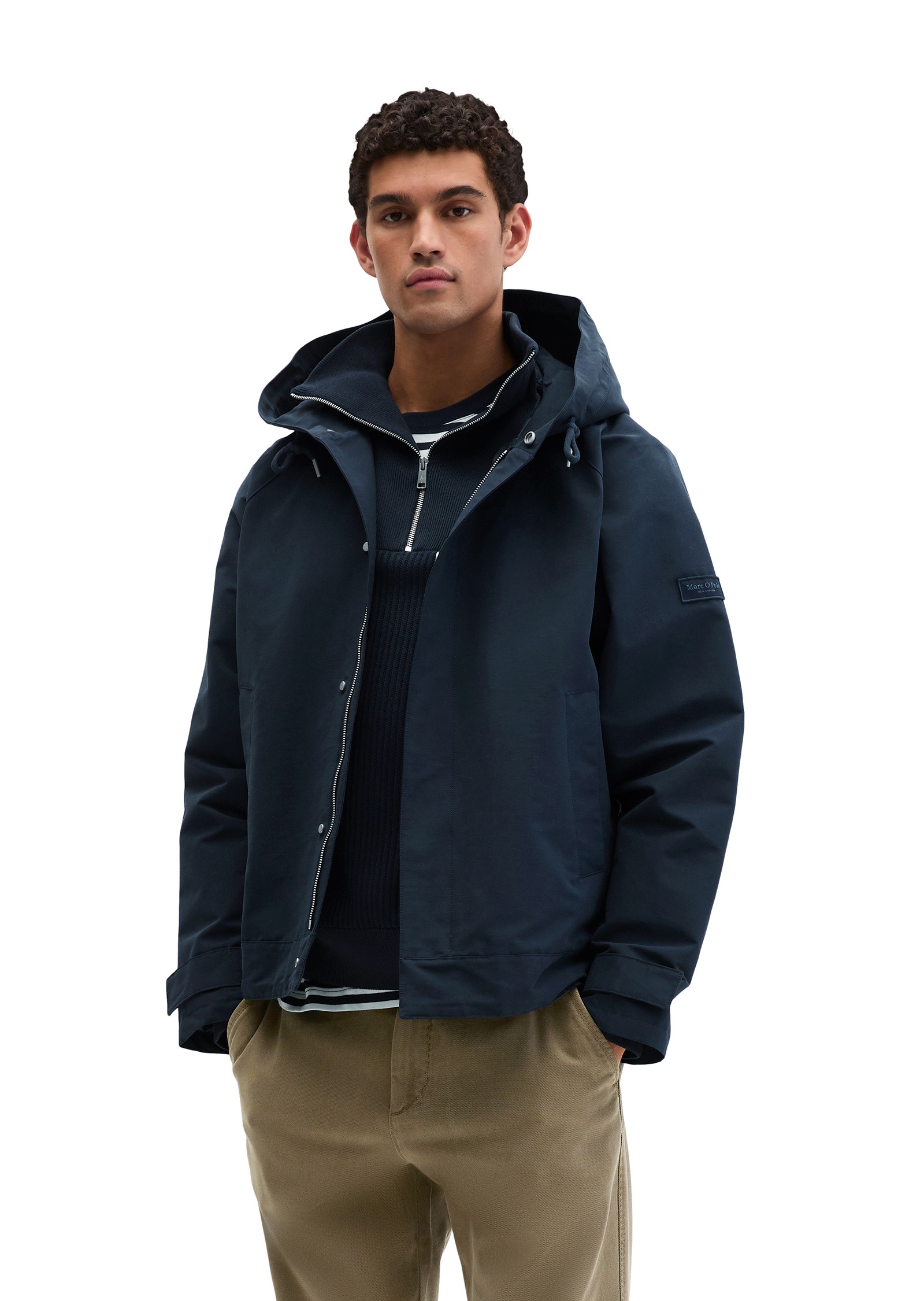 Outdoorjacke MARC O'POLO "aus wasserabweisendem Bio-Baumwoll-Canvas", Gr. XL, schwarz navy, Obermaterial: 75% Baumwolle, 25% Polyamid, unifarben, relaxed fit, Bündchen, Jacken Outdoorjacke
